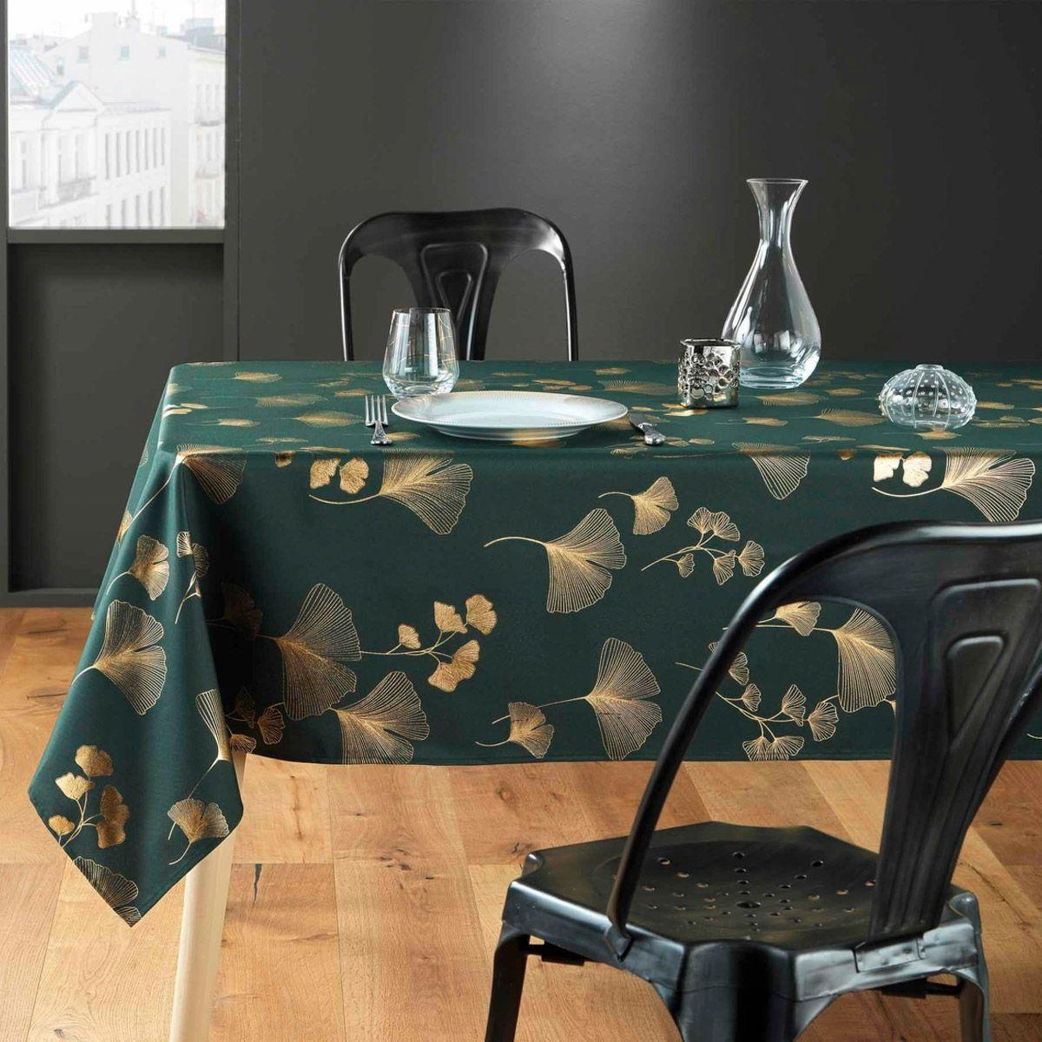 Voir la diapositive 3 : Douceur d'Intérieur Nappe imprimé métallisé  bloomy  150x240cm vert & or