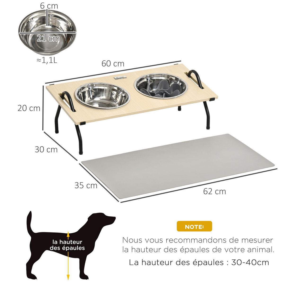 PAWHUT Gamelle double chien porte-gamelles surélevé 2 gamelles anti-glouton acier inox et tapis inclus acier noir plateau aspect bois clair