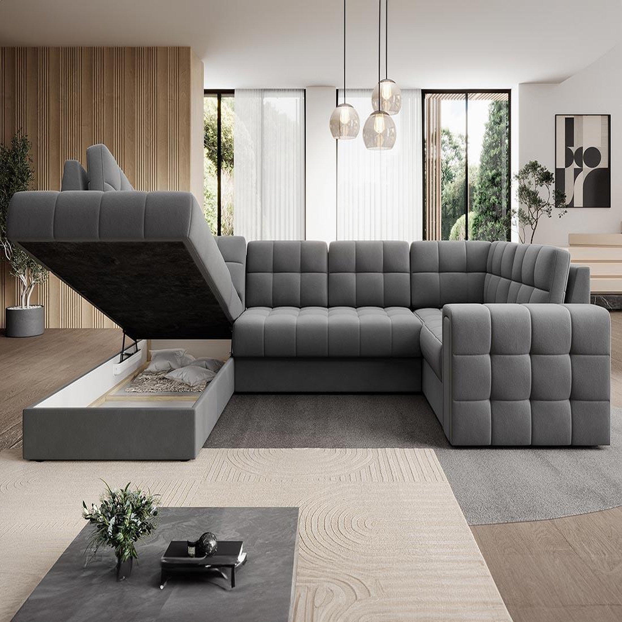 Voir la diapositive 3 : BEST MOBILIER Nappa - canapé panoramique d'angle droit 7 places convertible avec coffre en velours
