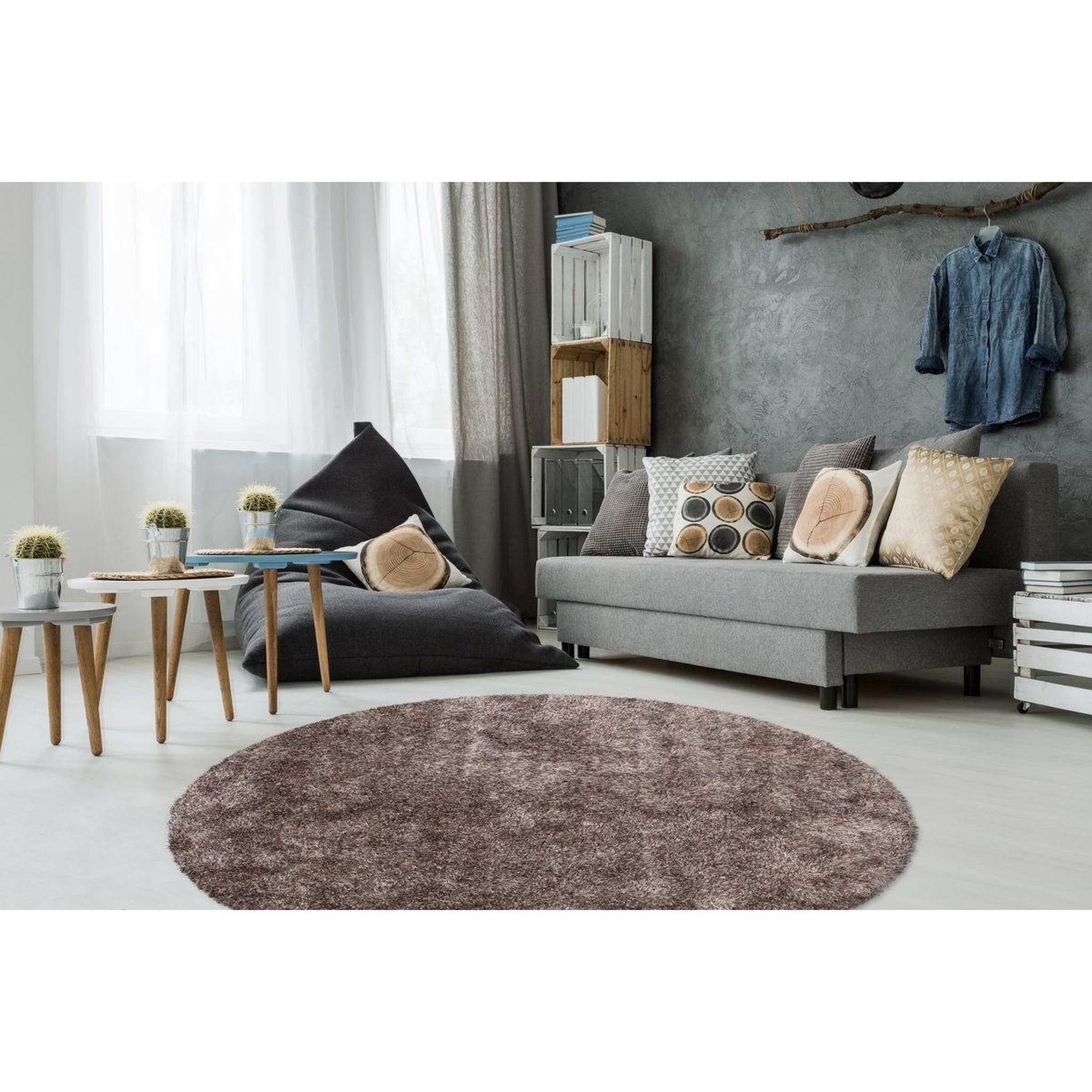 Paris Prix Tapis shaggy rond fait main  diamond  taupe. Coloris disponibles : Marron