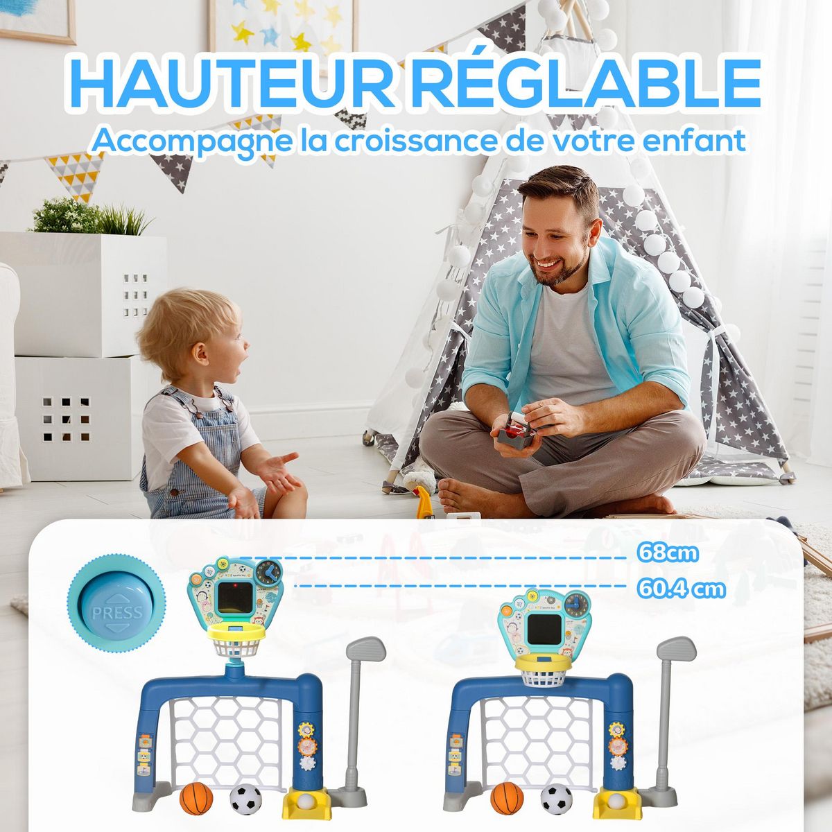HOMCOM Jeux sportifs 3 en 1 enfant 18-48 mois - foot, basket, golf - effets lumineux sonores bleu