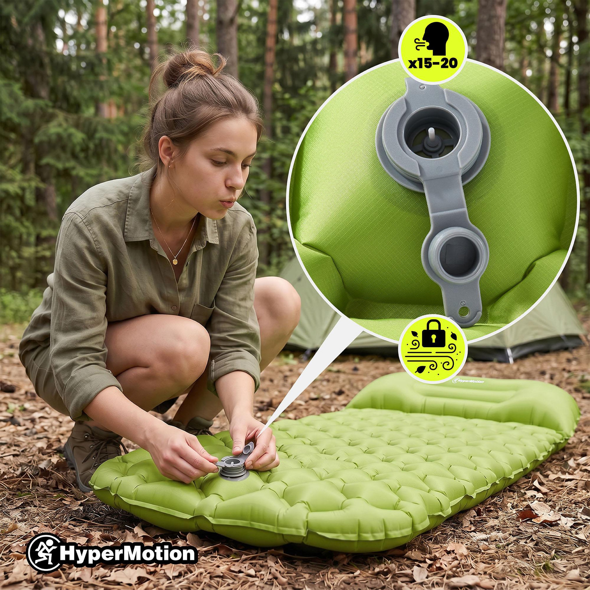 Voir la diapositive 5 : HYPERMOTION Matelas de Camp Gonflable Ultraléger de Randonnée Campmat 1 Place avec Oreiller Intégré 190x56cm