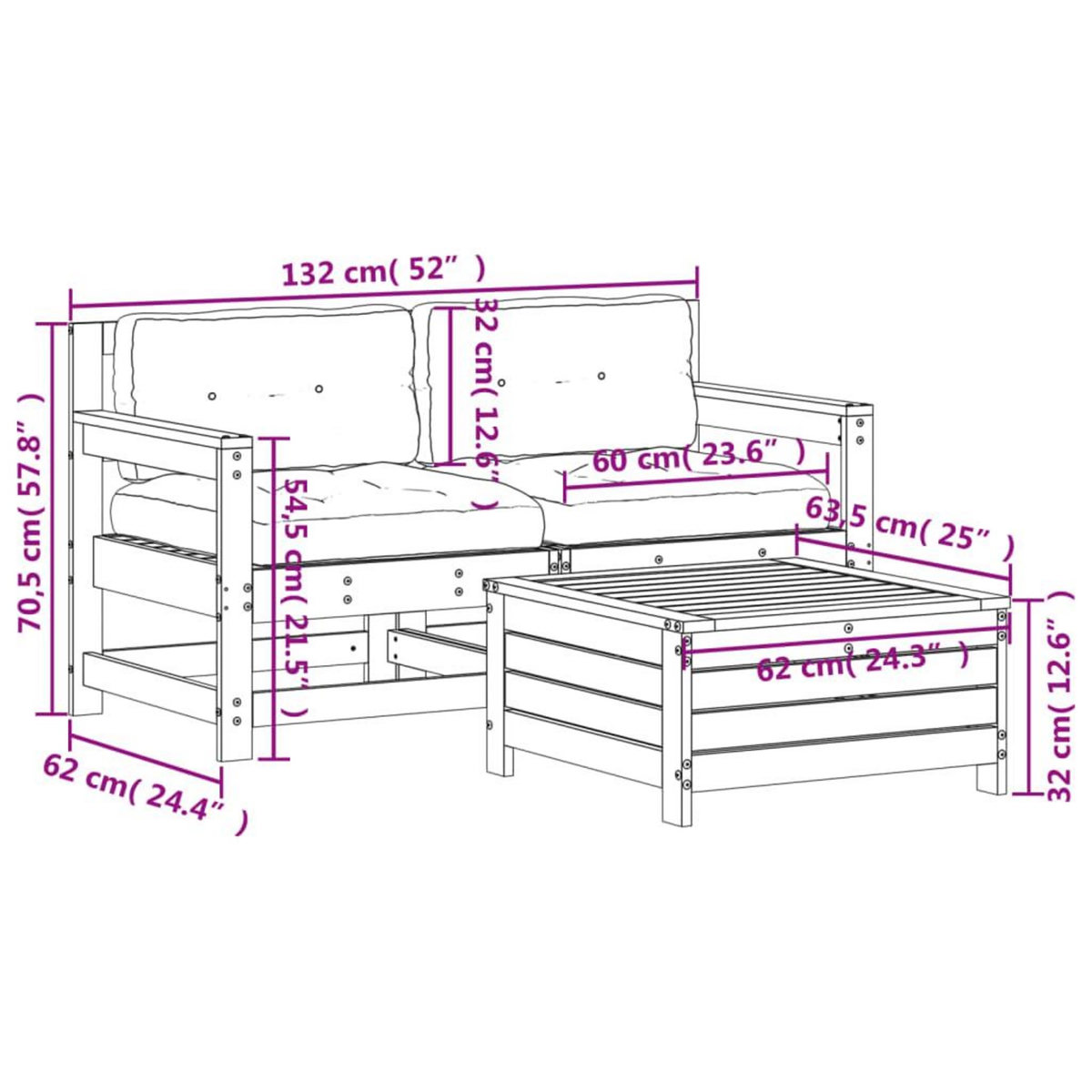 VIDAXL Salon de jardin 3 pcs avec coussins Bois de pin massif