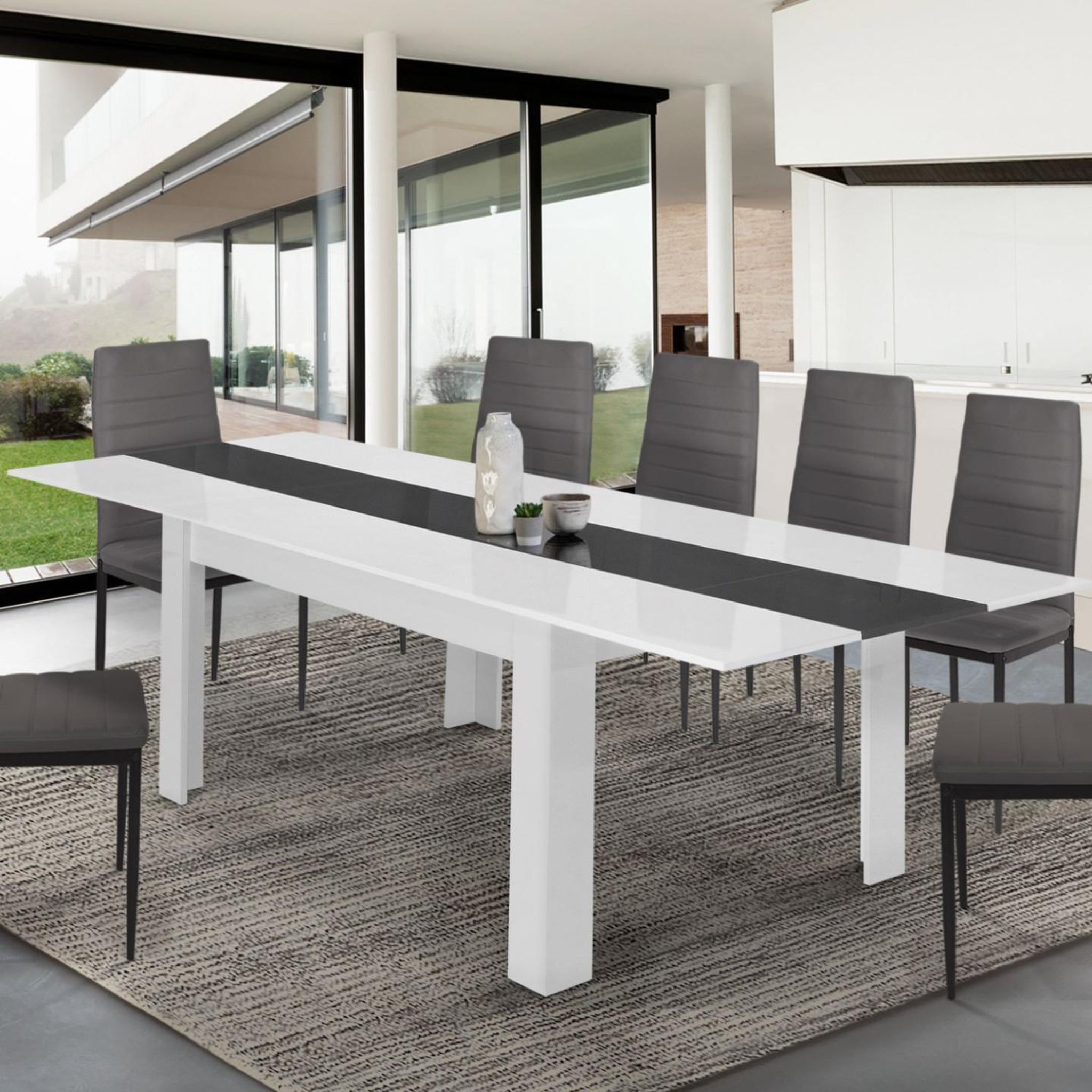 Voir la diapositive 2 : ID MARKET Table à manger extensible rectangle georgia 6-10 personnes blanche et grise 140-220 x 90 cm