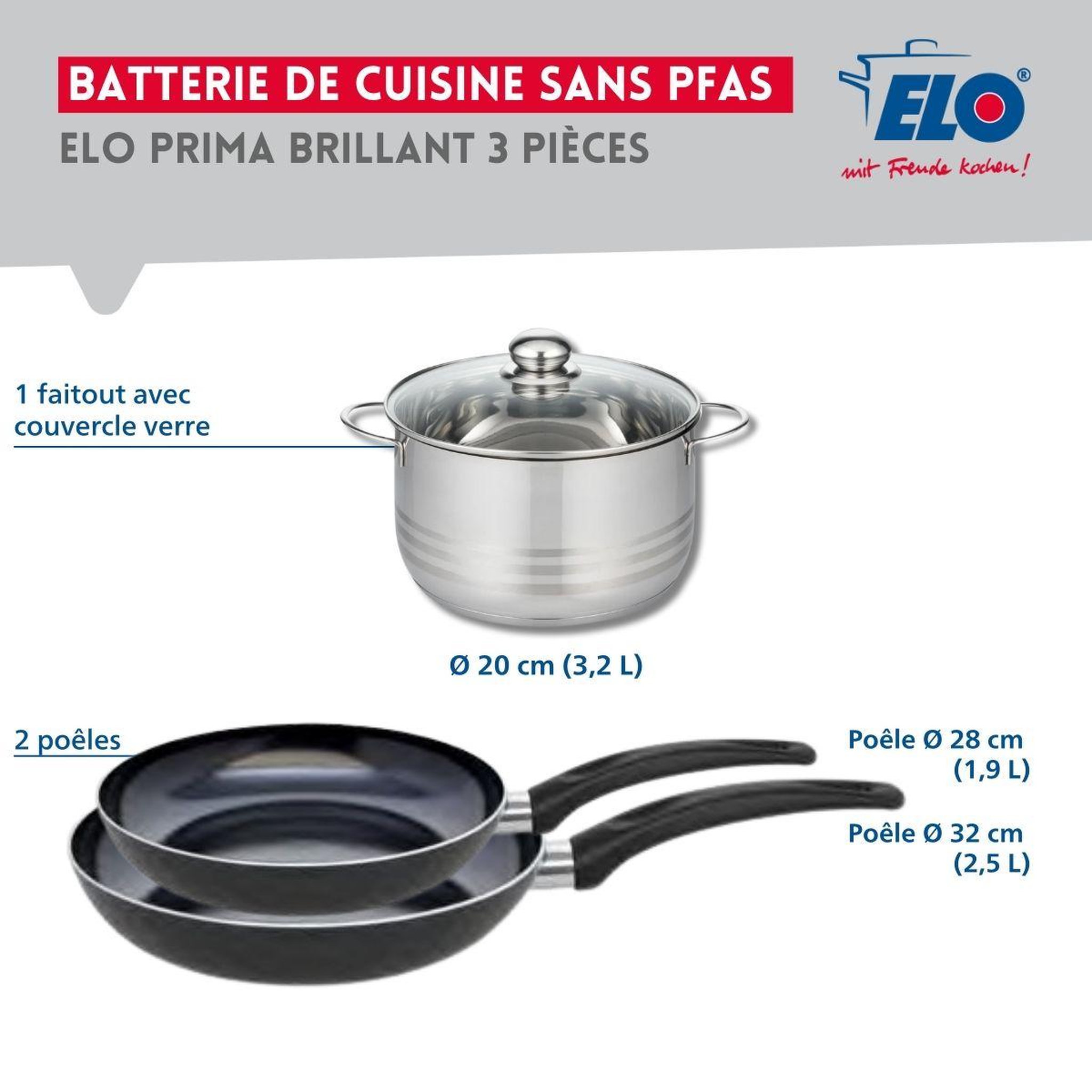 Voir la diapositive 2 : ELO Ensemble de 2 poêles de cuisson 28 et 32 cm et 1 faitout 20 cm elo prima brillant