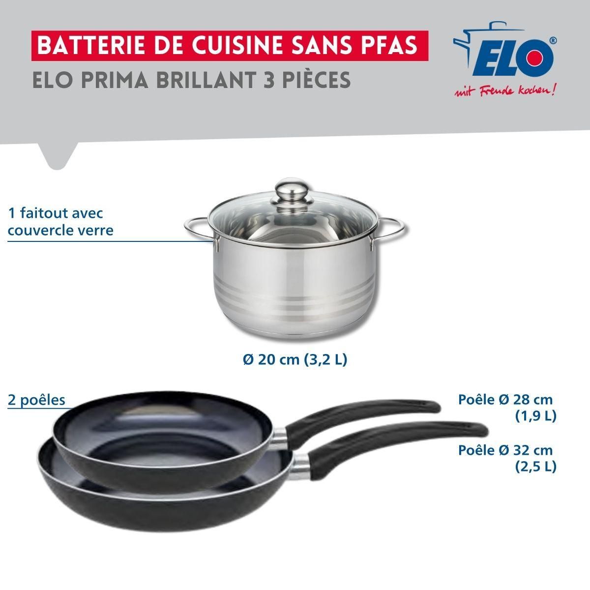 ELO Ensemble de 2 Poêles de cuisson 28 et 32 cm et 1 faitout 20 cm Elo Prima Brillant