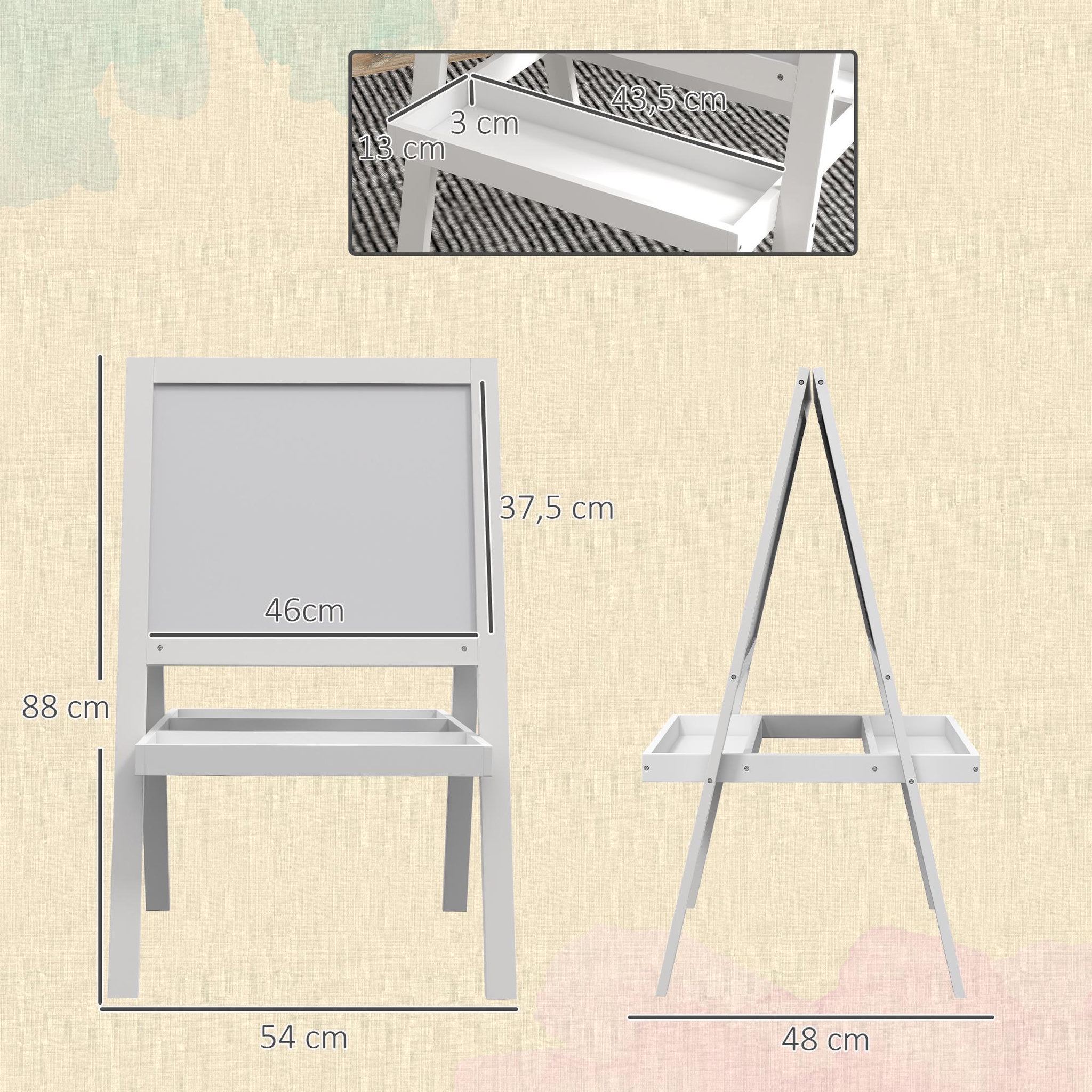 Voir la diapositive 3 : HOMCOM Tableau enfant double face - chevalet enfant - tableau blanc magnétique, tableau noir à craie - 2 paniers rangements - MDF blanc