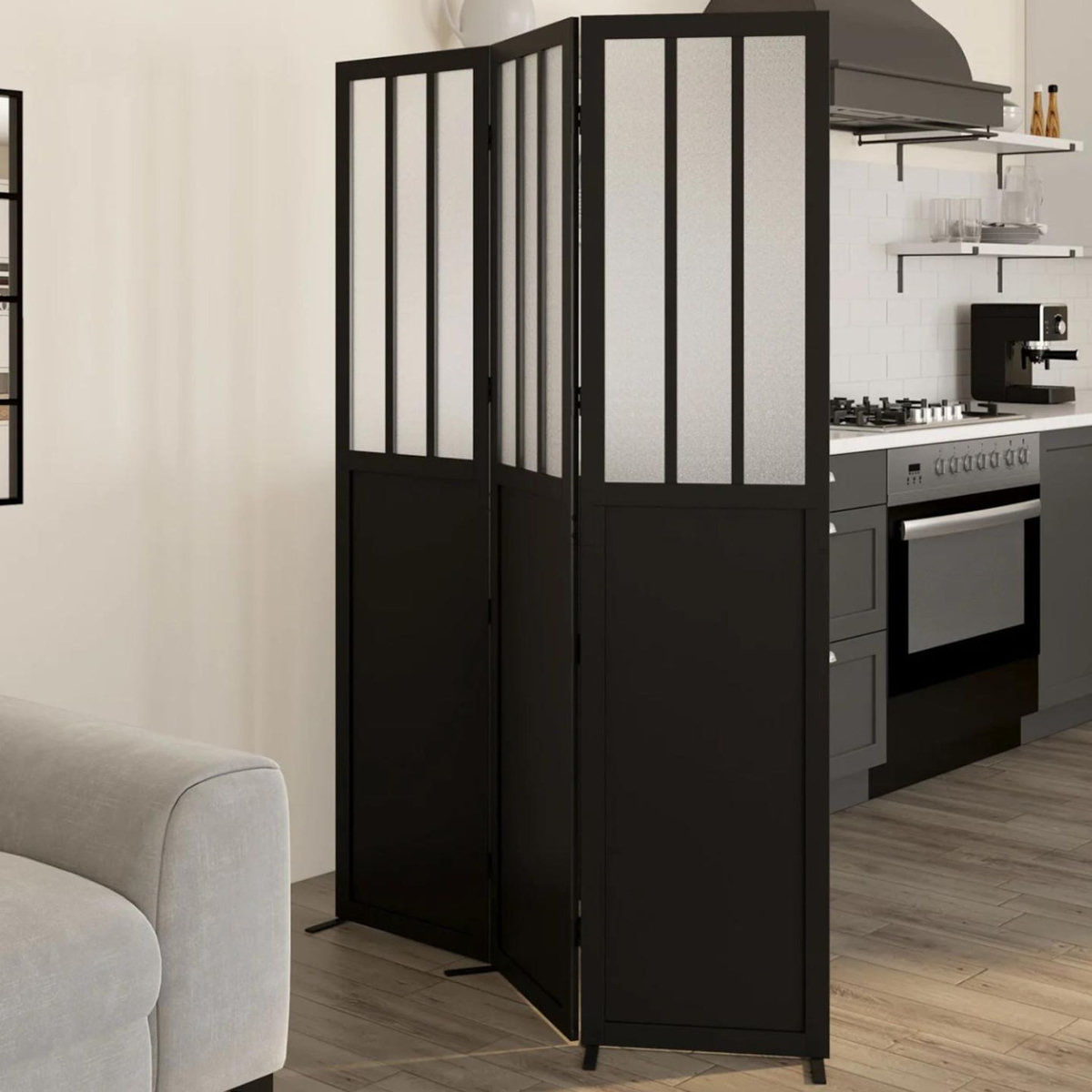 ID MARKET Paravent intérieur verrière atelier noir et vitres opaques