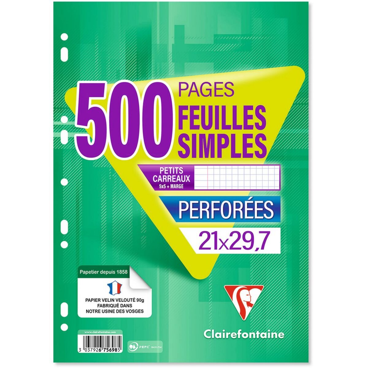 CLAIREFONTAINE Feuilles simples 500 pages 21x29.7 petits carreaux 5x5 90g blanches perforées