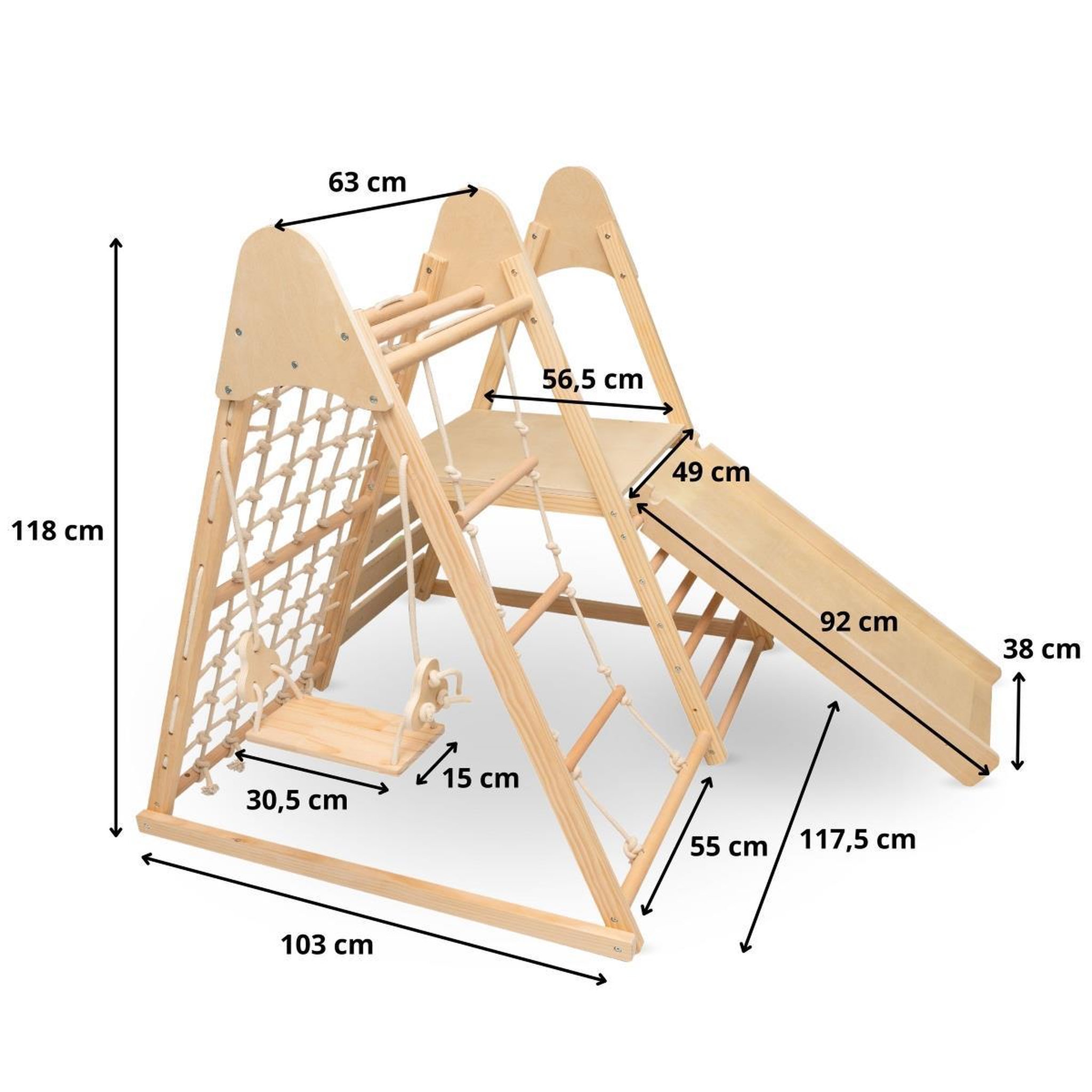 Voir la diapositive 3 : MAMABRUM Aire de jeux intérieure Mamabrum 5 en 1 en bois avec toboggan et balançoires-