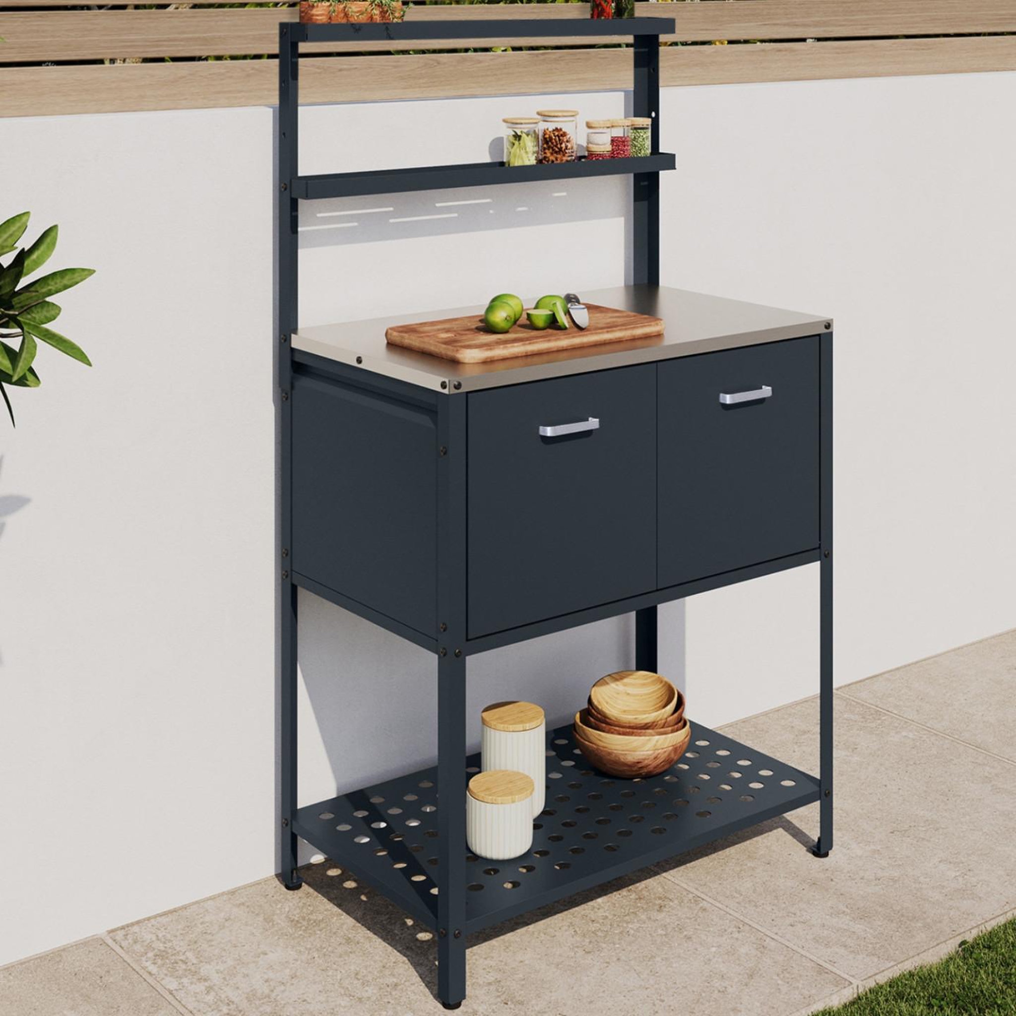 Voir la diapositive 2 : ID MARKET Meuble de cuisine extérieure pareo 2 portes et 2 étagères suspendues en acier gris anthracite