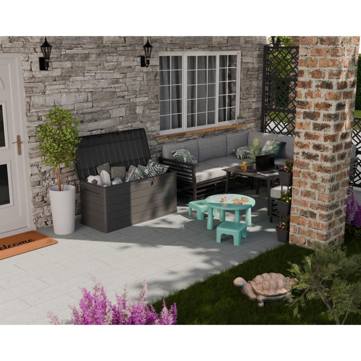 ART PLAST Coffre de rangement extérieur 350L - Coffre de Jardin Gris 118.5x52x57cm - Poignées de transport - Résistant à l'eau ArtPlast