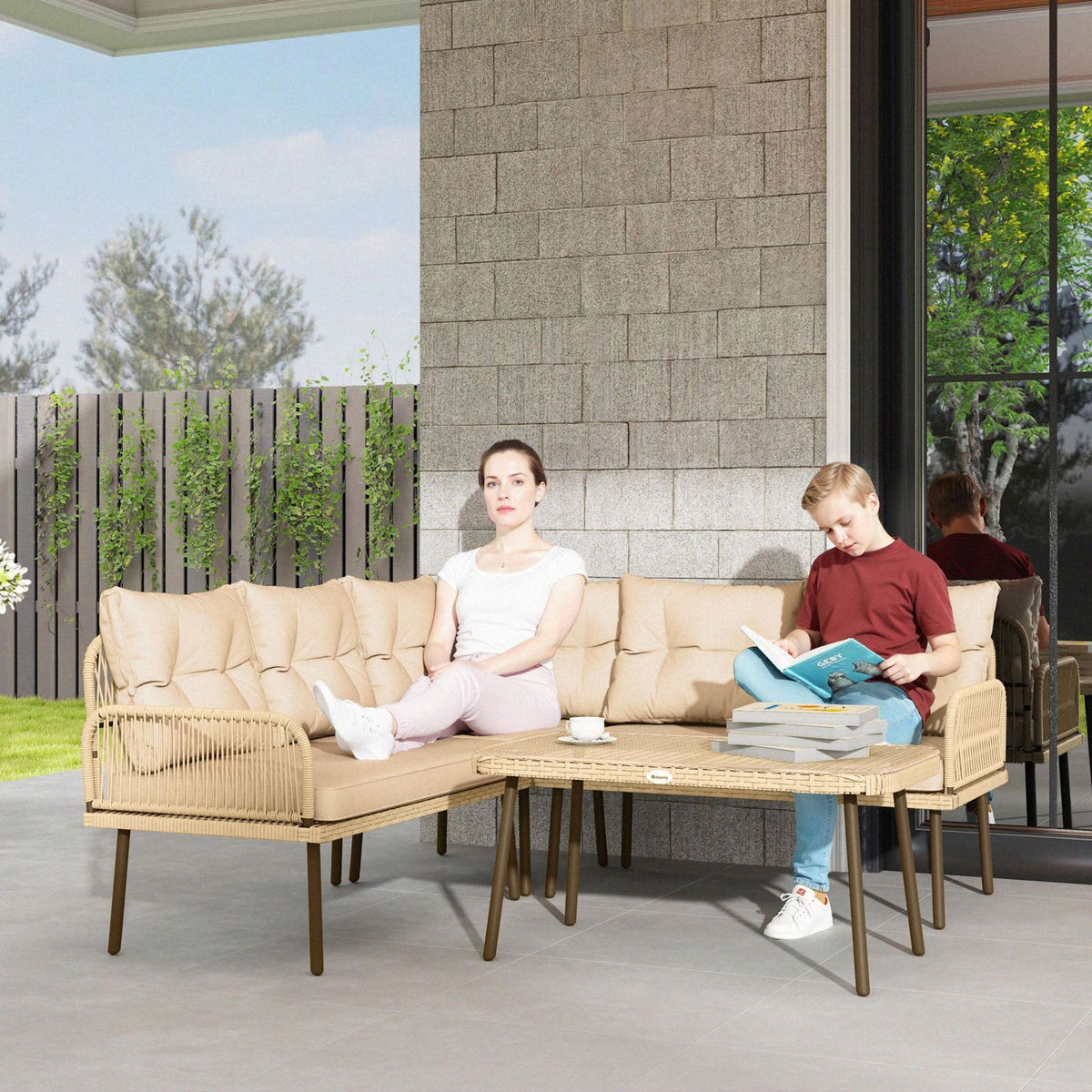 OUTSUNNY Ensemble salon de jardin d'angle 5 places avec table basse et coussins beige résine tressée effet rotin