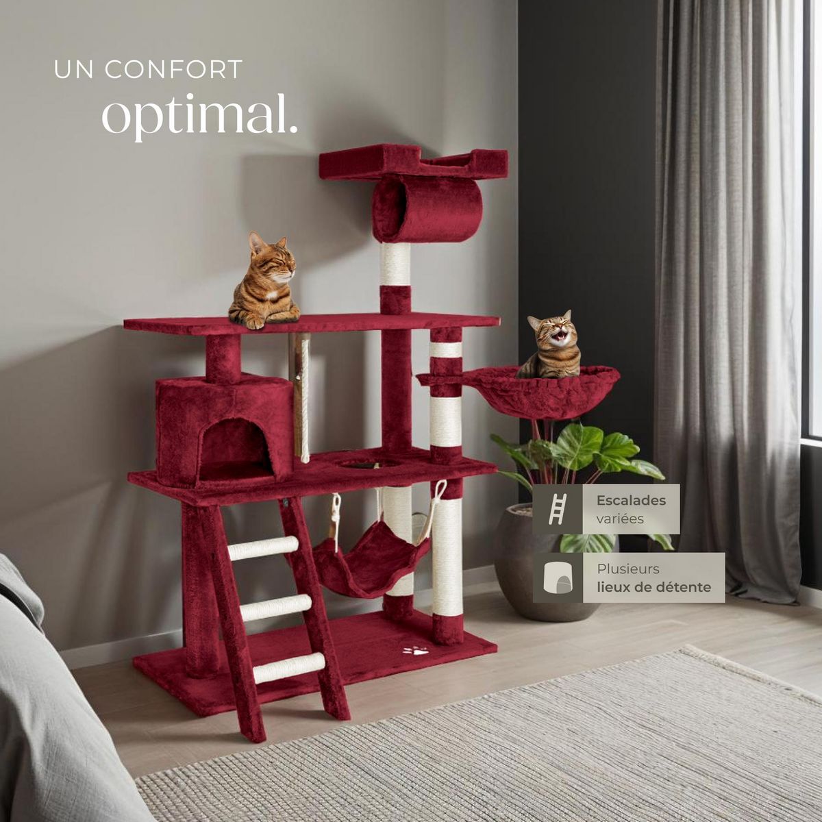 tectake Arbre à chat 141 cm avec griffoir et plateforme d'escalade rouge bordeaux
