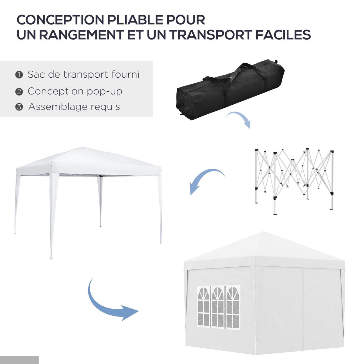 OUTSUNNY Tonnelle barnum pop-up pliant dim. 3L x 3l x 2,58H m 2 fenêtres sac transport acier Oxford blanc