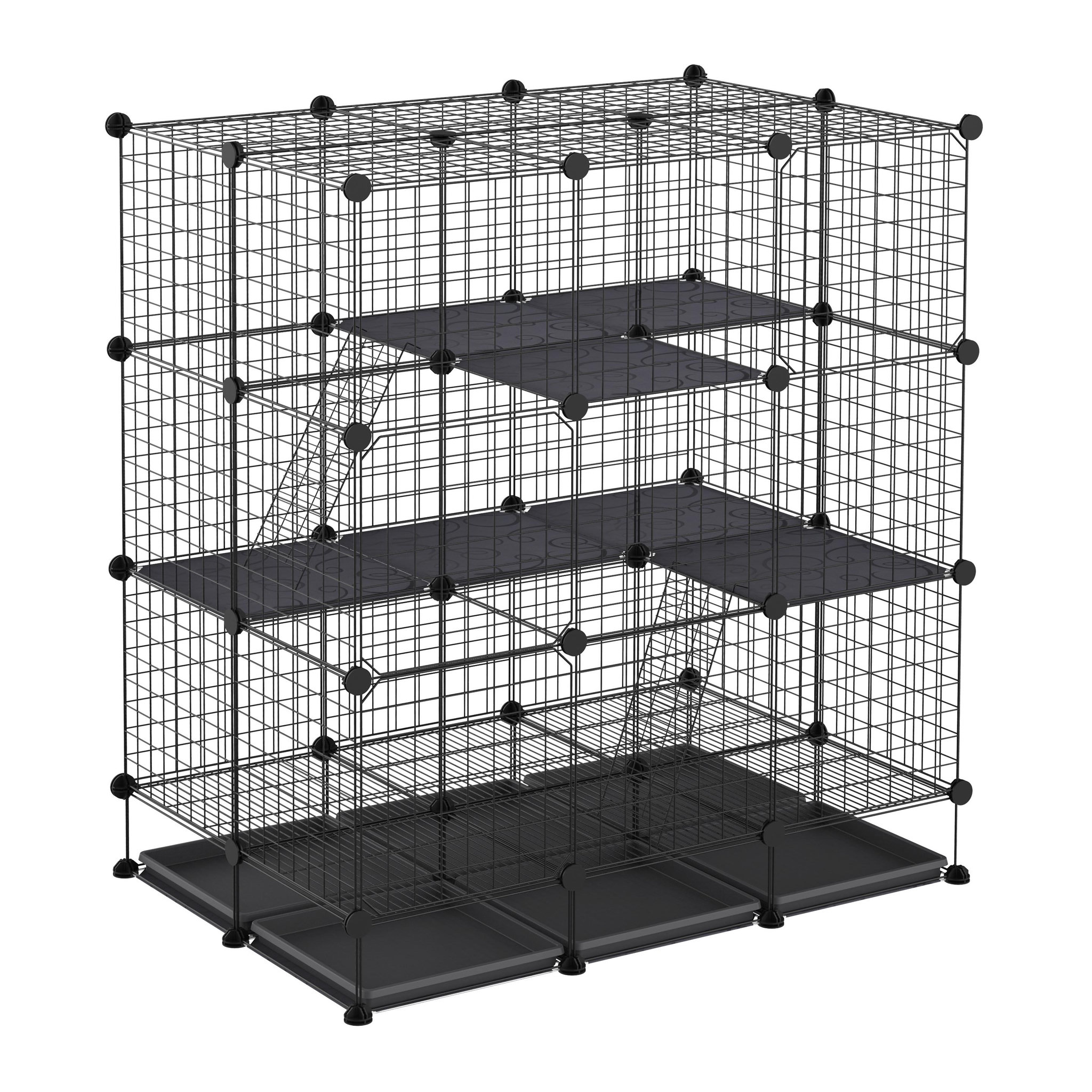 PAWHUT Cage parc enclos rongeurs modulable dim. L 111 x l 75 x H 119 cm 3 niveaux 4 portes fil métallique noir