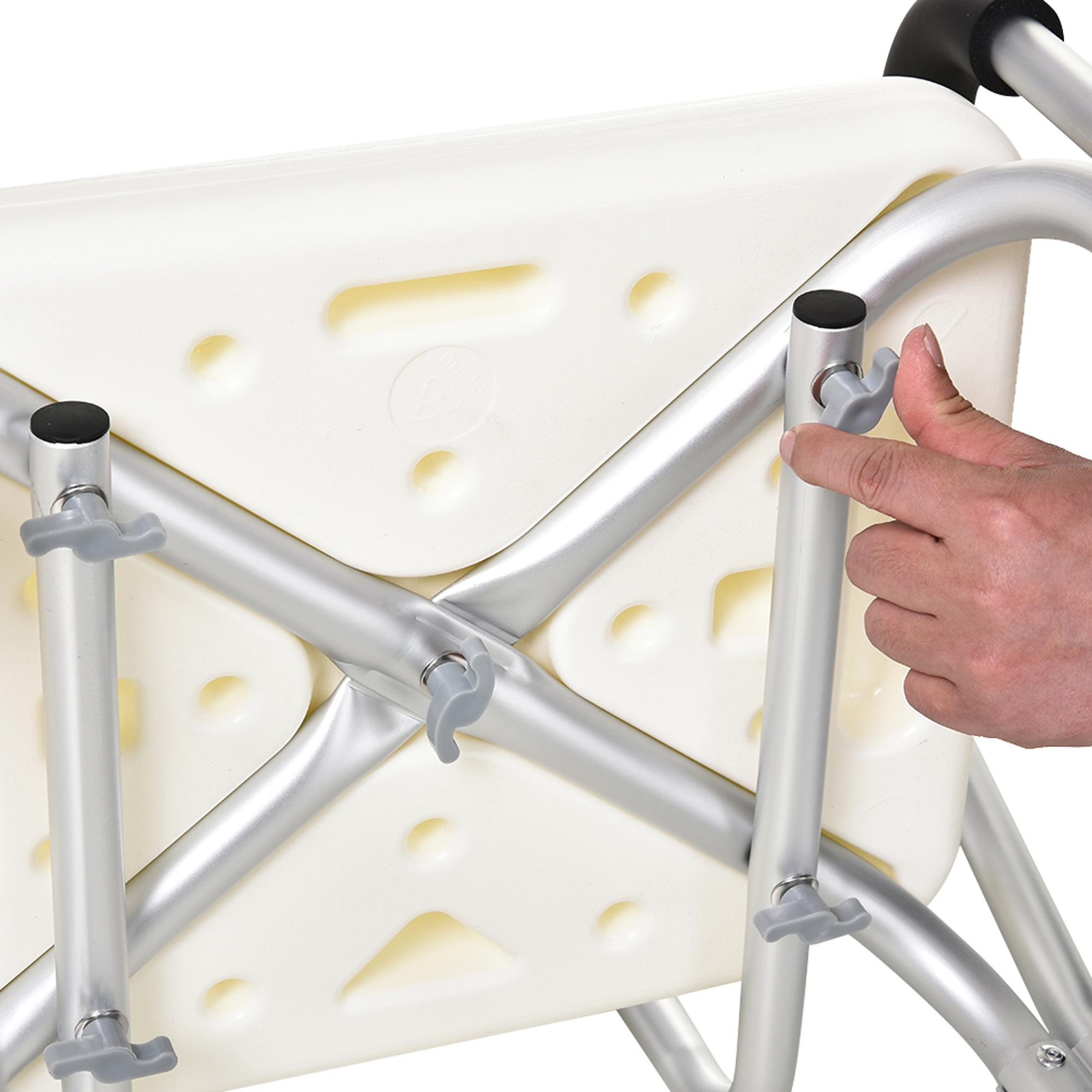 Voir la diapositive 5 : HOMCOM Chaise de douche siège de douche ergonomique hauteur réglable pieds antidérapants dossier accoudoirs amovibles charge max. 136 kg alu hdpe blanc