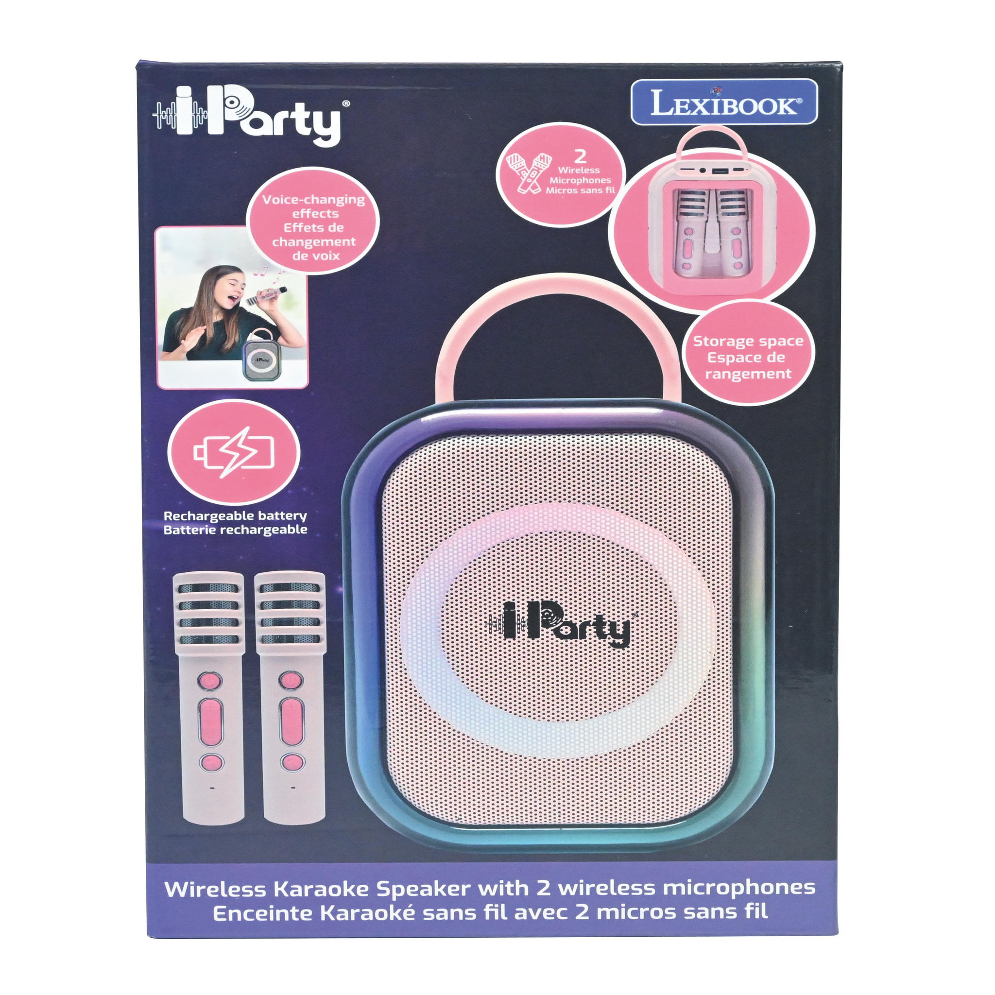 Voir la diapositive 3 : Lexibook Karaoke Bluetooth Rose avec 2 micros sans fil