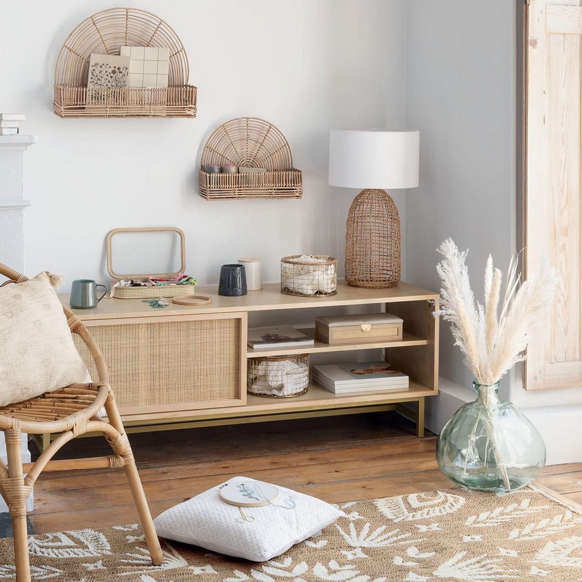 ATMOSPHERA Meuble TV 1 porte en bois et cannage RAYO - Beige