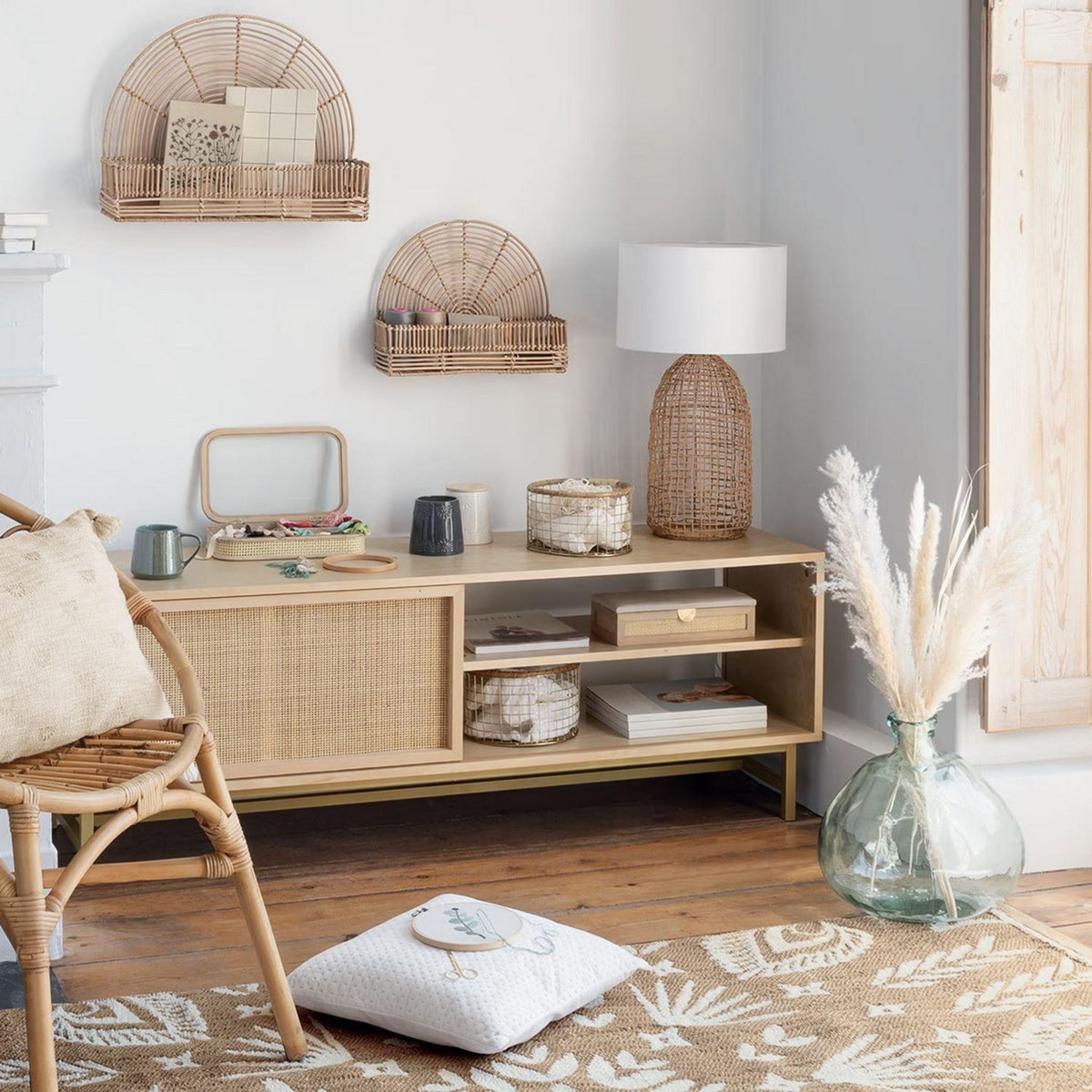 ATMOSPHERA Meuble TV 1 porte en bois et cannage RAYO - Beige