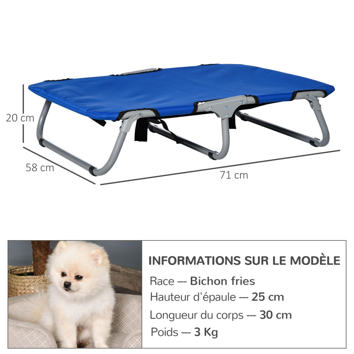 PAWHUT Lit sur pieds lit de camp grand confort pliable pour chien chat 71L x 58l x 20H cm acier tissu oxford 600D bleu