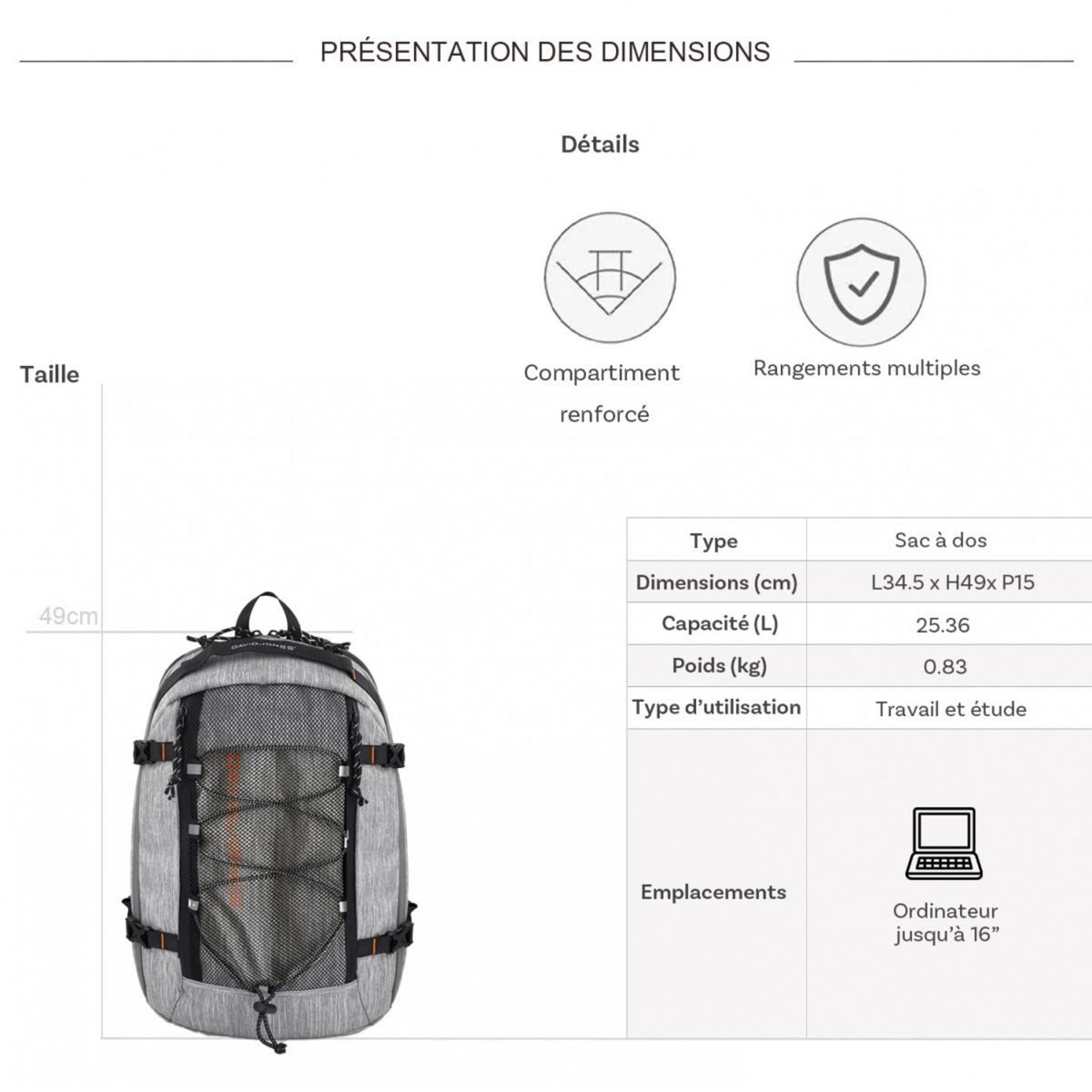 David Jones Sac à dos porte ordinateur 16''