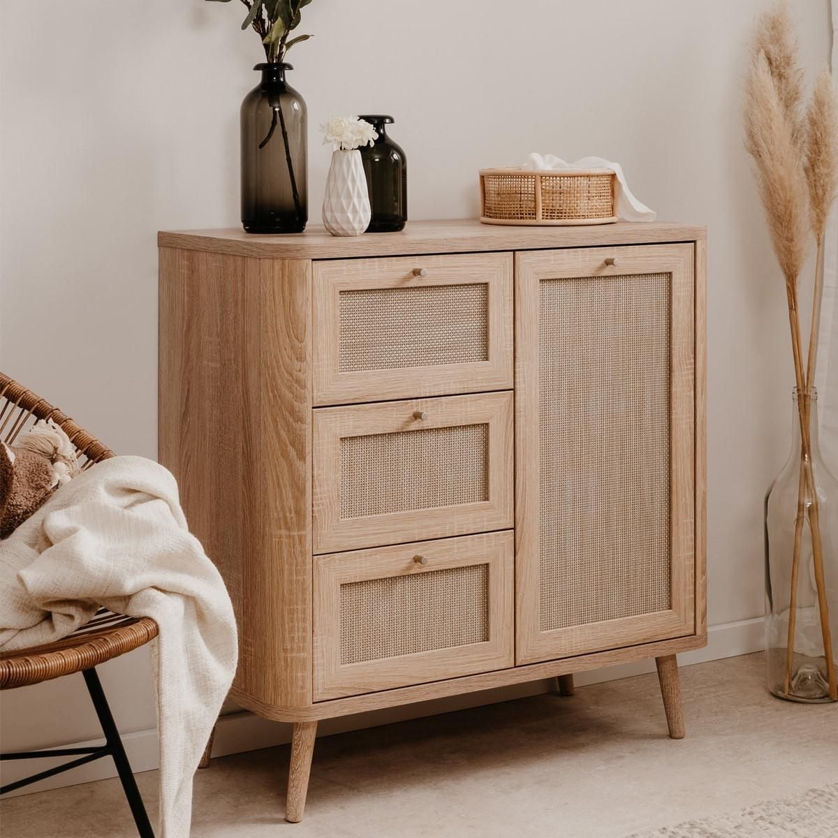 HOMIFAB Petit buffet cannage et effet bois naturel 81 cm - Padang