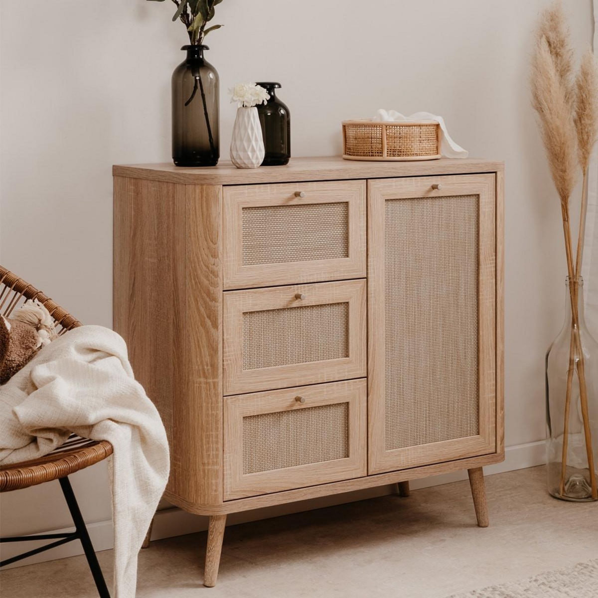 HOMIFAB Petit buffet cannage et effet bois naturel 81 cm - Padang