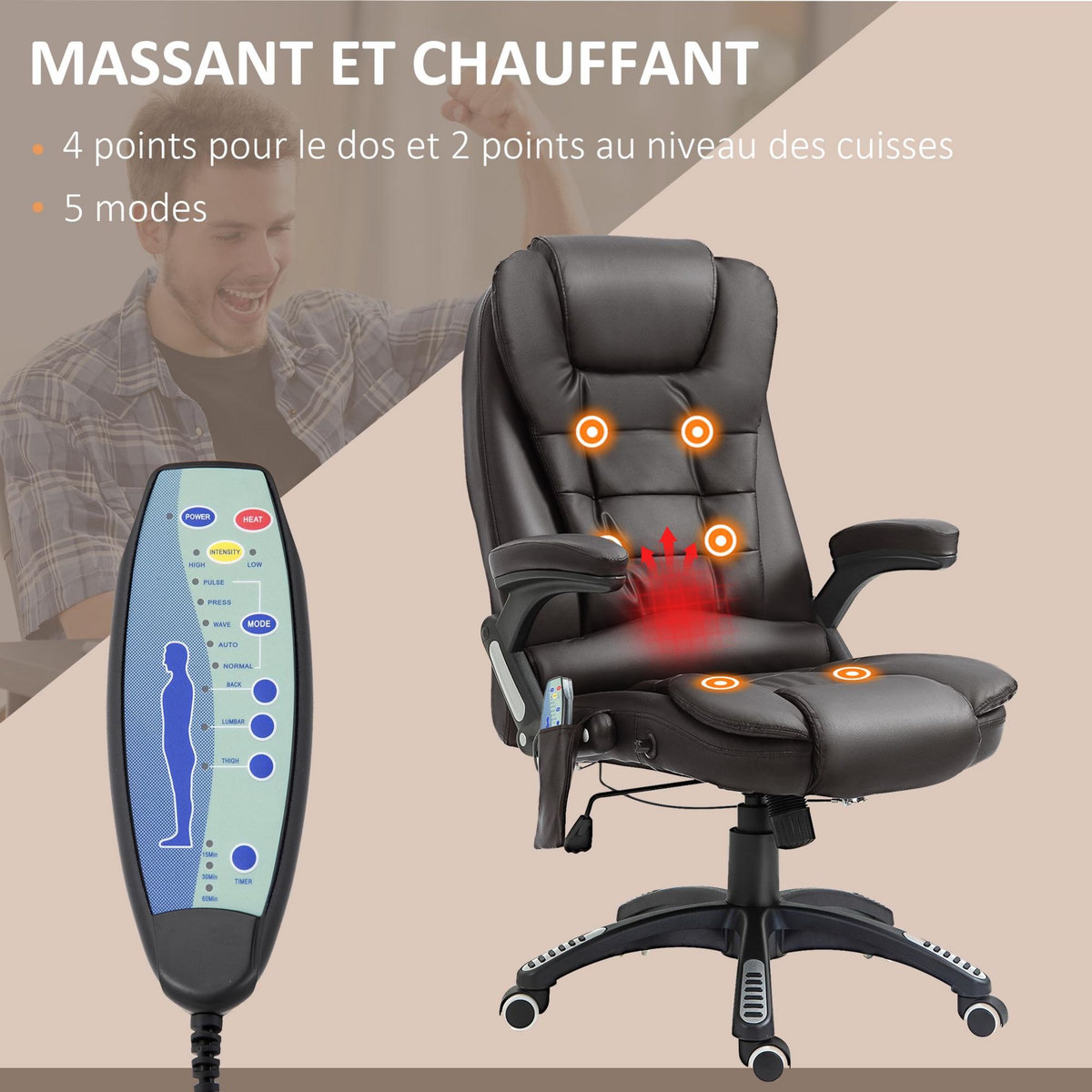 HOMCOM Fauteuil de bureau direction pivotant massant chauffant électrique revêtement synthétique chocolat