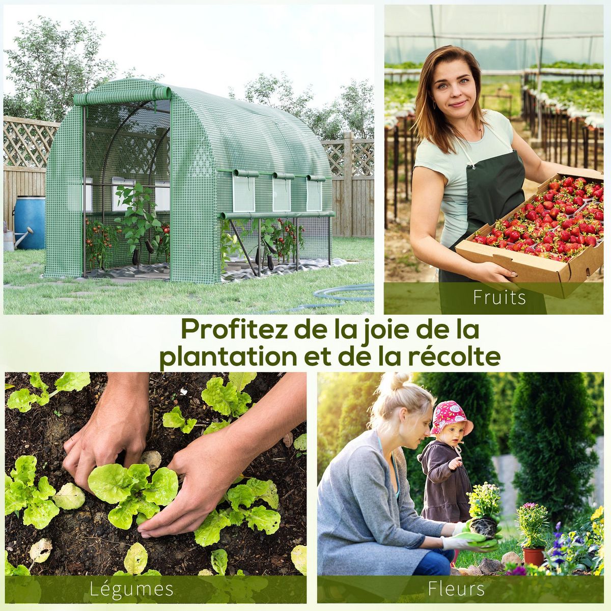 OUTSUNNY Serre de jardin tunnel 6 m² 6 fenêtres porte zippée acier galvanisé PE vert