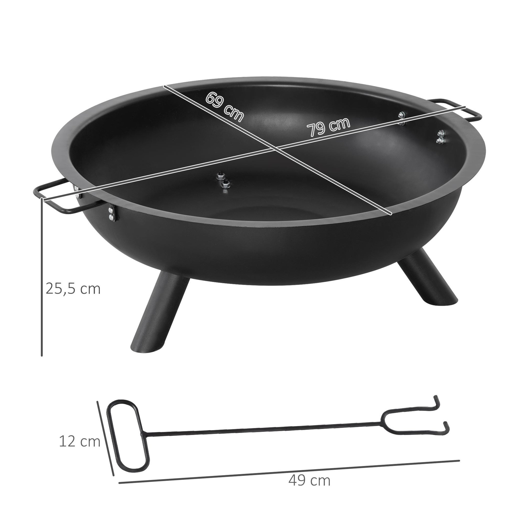 Voir la diapositive 3 : OUTSUNNY Brasero boule de feu cheminée foyer extérieur dim. 79L x 69l x 25,5H cm 2 poignées tisonnier acier noir