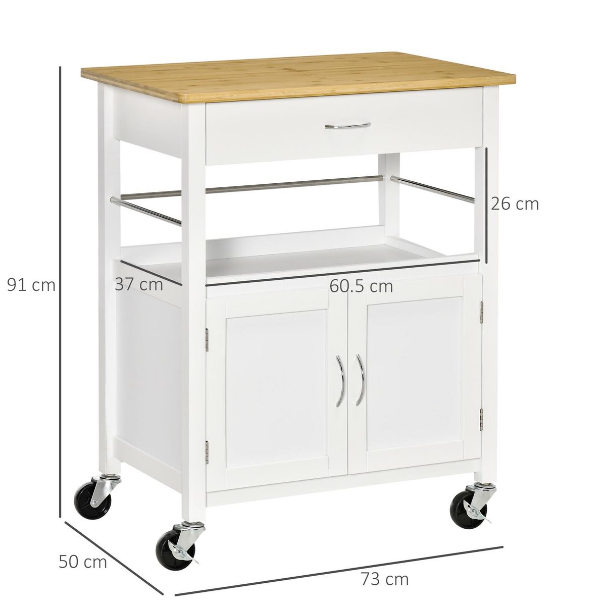 HOMCOM Desserte de cuisine multi-rangements - dim. 73L x 50l x 91H cm - poignées métal MDF blanc plateau bois bambou verni
