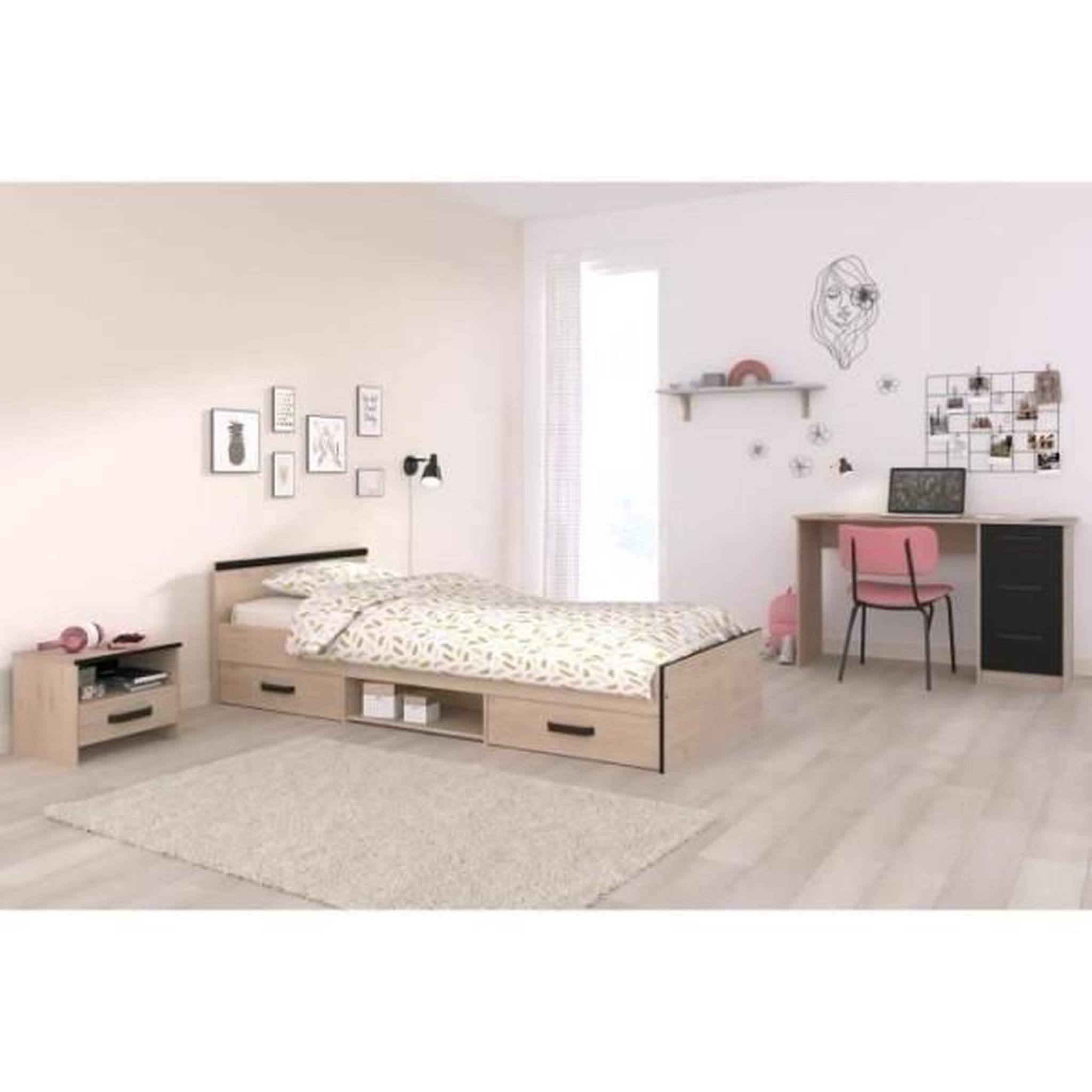 PARISOT Chambre complete enfant 3 pieces ZODIAC - Lit + chevet + bureau - Décor chene/noir - PARISOT