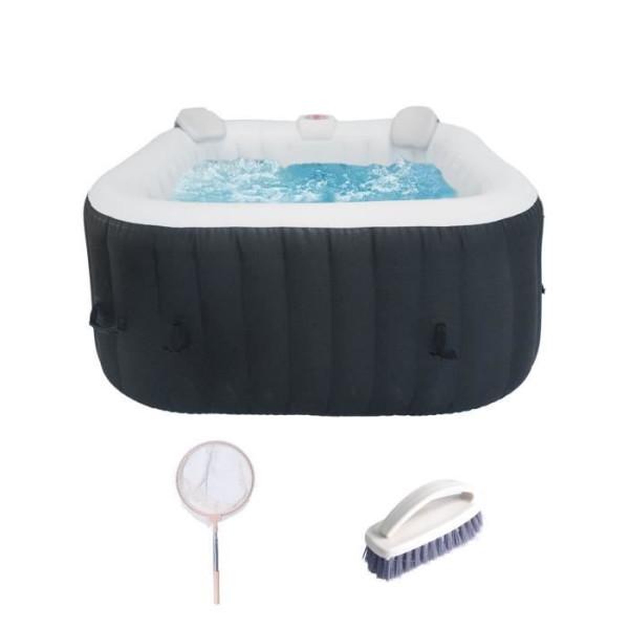 SUNSPA KIT TOUT INCLUS SPA et accessoires : spa gonflable carré 4 places avec 2 appuis tetes, filtre, épuisette, brosse, tapis, couve