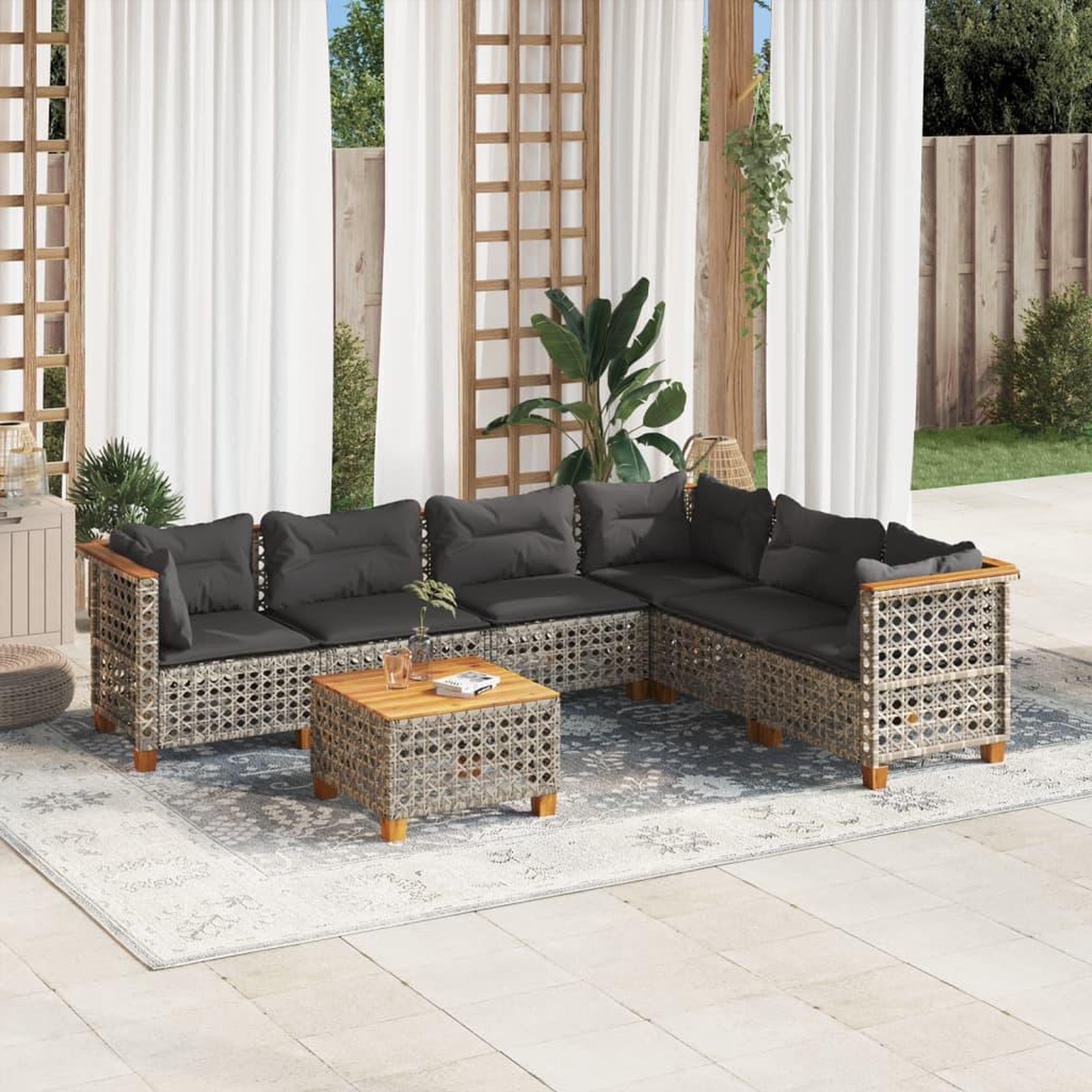 VIDAXL Salon de jardin avec coussins 7 pcs gris resine tressee