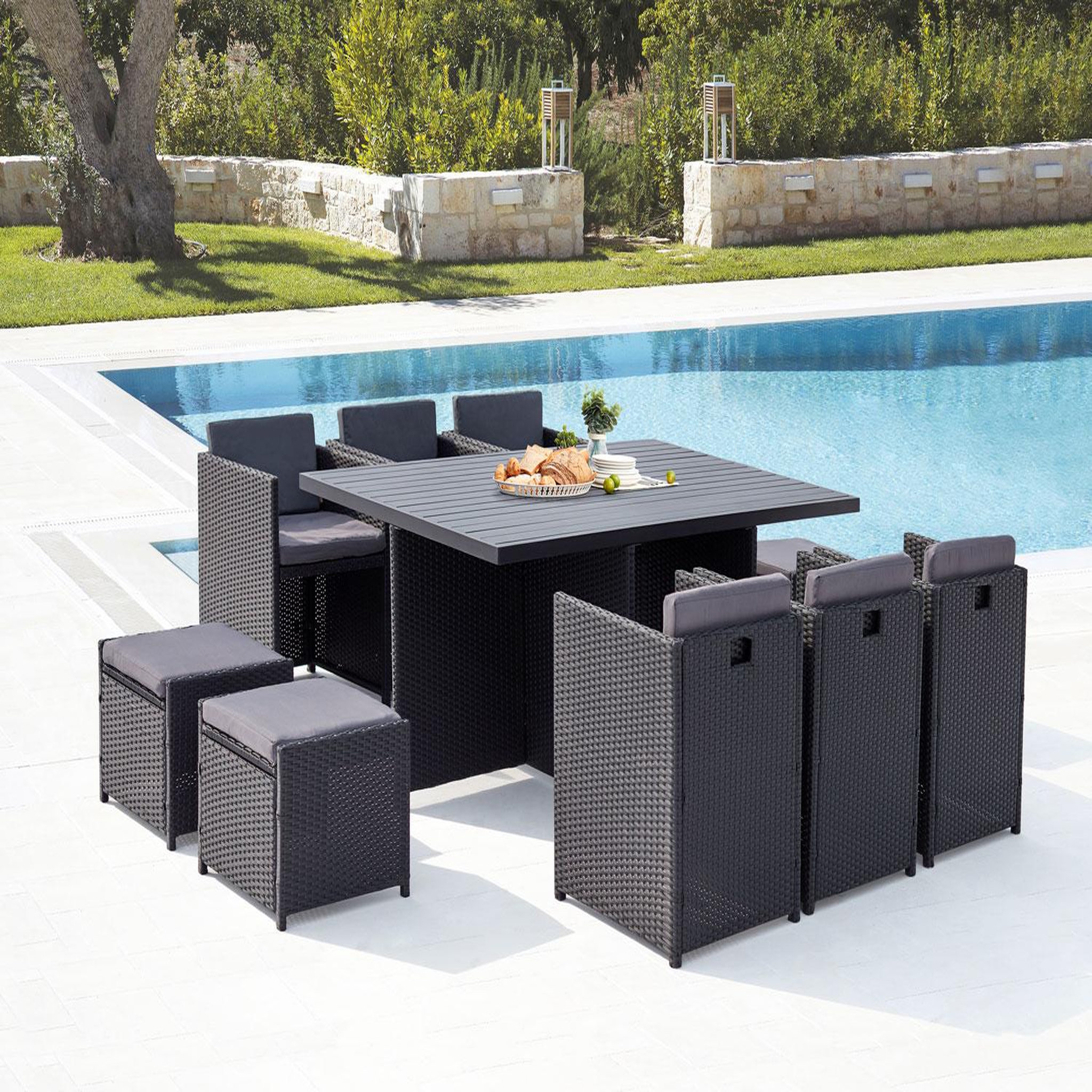 Voir la diapositive 2 : CONCEPT USINE Table et chaise 10 places encastrables alu résine noir-gris sunset
