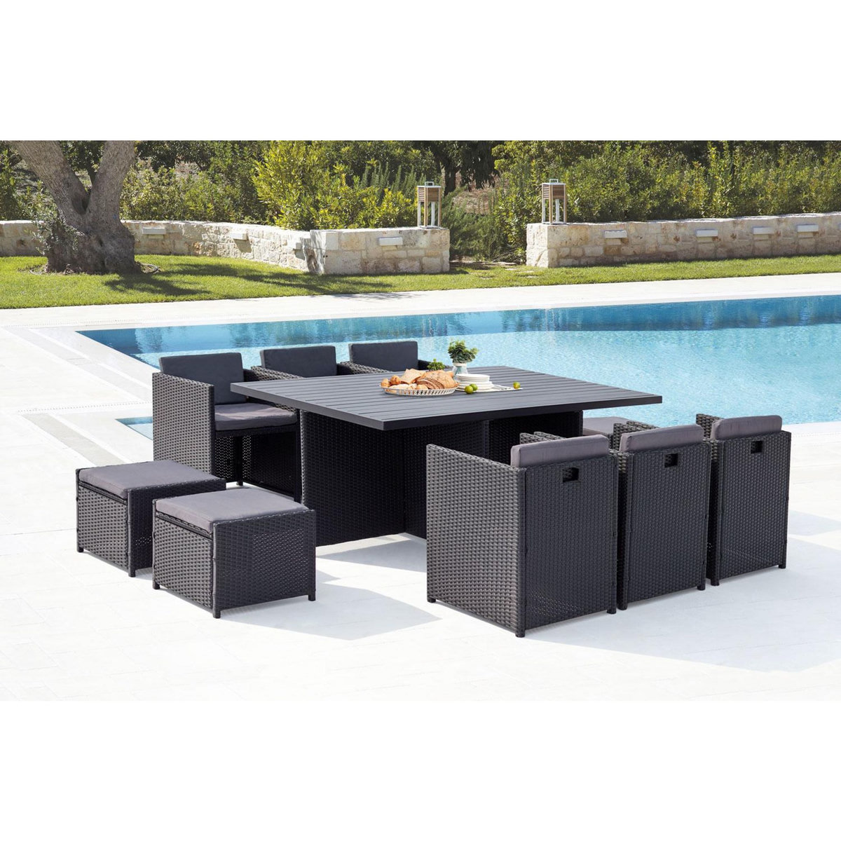 CONCEPT USINE Table et chaise 10 places encastrables alu résine noir-gris SUNSET