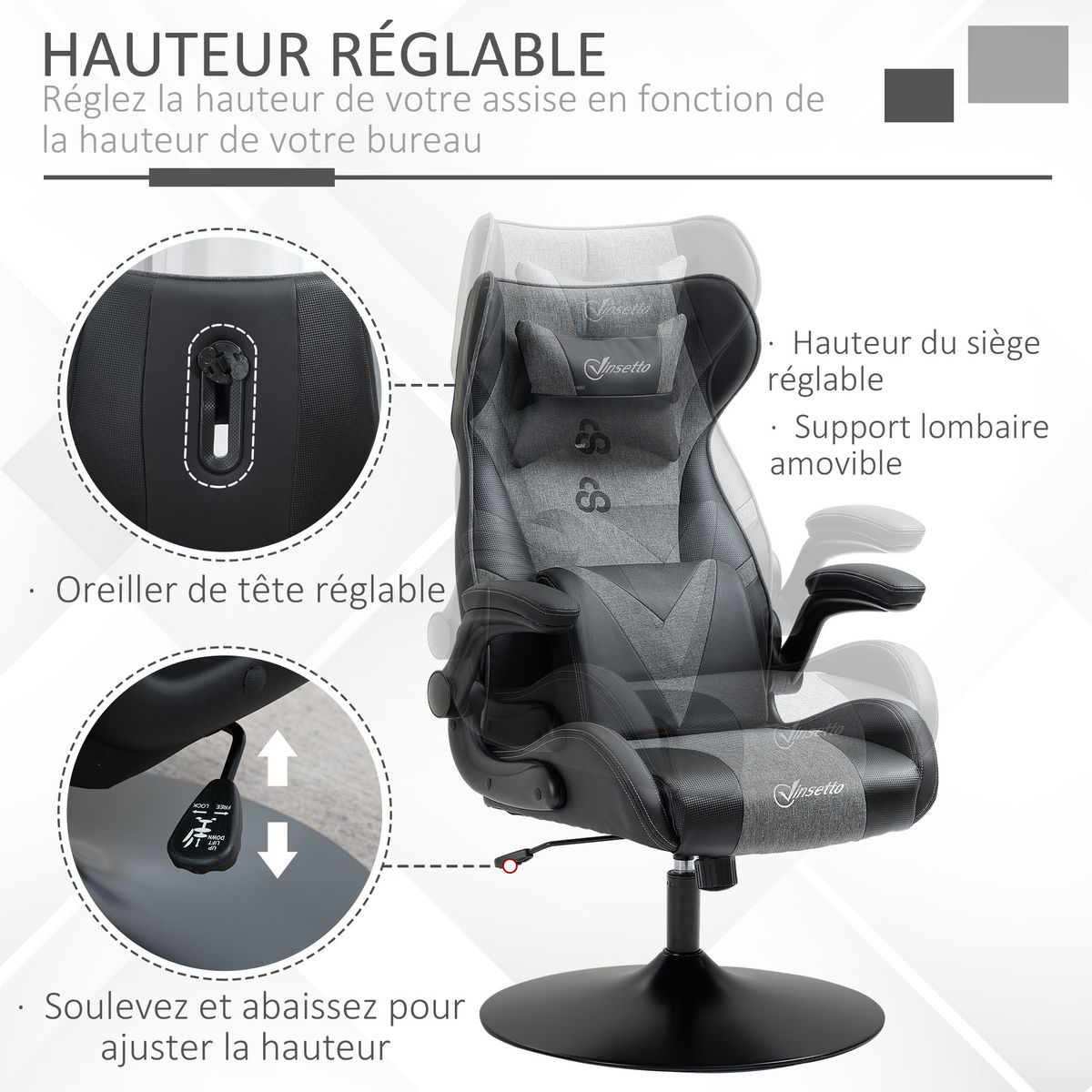 VINSETTO Fauteuil gaming base ronde métal pivotante 360° hauteur réglable tétière coussin lombaires accoudoirs relevables PU tissu gris noir