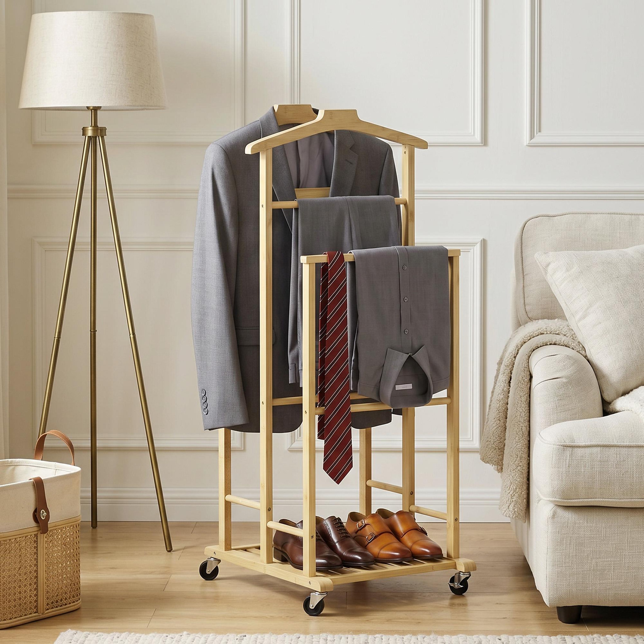 Voir la diapositive 5 : HOMCOM Valet de chambre mobile bois bambou avec portants et étagère