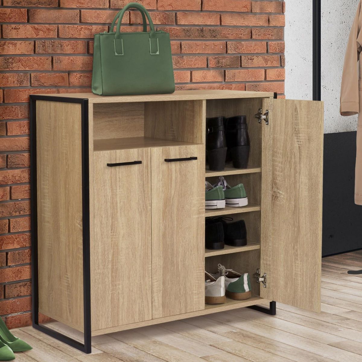 ID MARKET Armoire à chaussures 18 paires LUIS 3 portes avec niche design industriel
