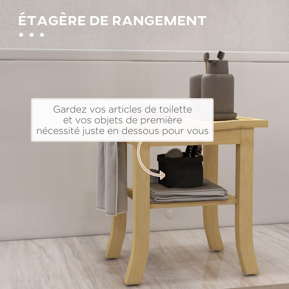 HOMCOM Tabouret de douche - étagère, porte-serviettes - dim. 42L x 29l x 43H cm - bambou verni