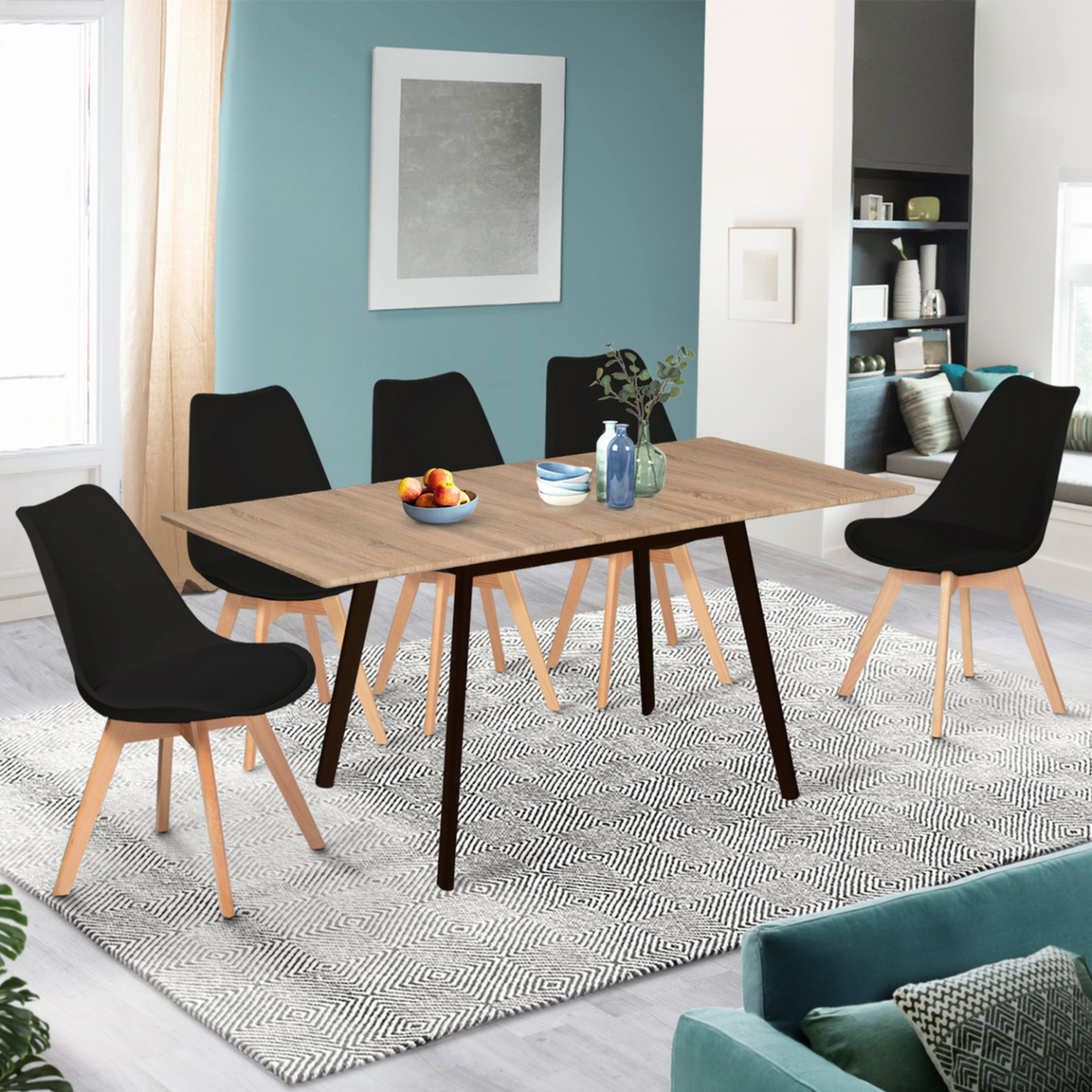 ID MARKET Table scandinave extensible rectangle INGA 4-8 personnes plateau bois pieds noirs 120-160 cm