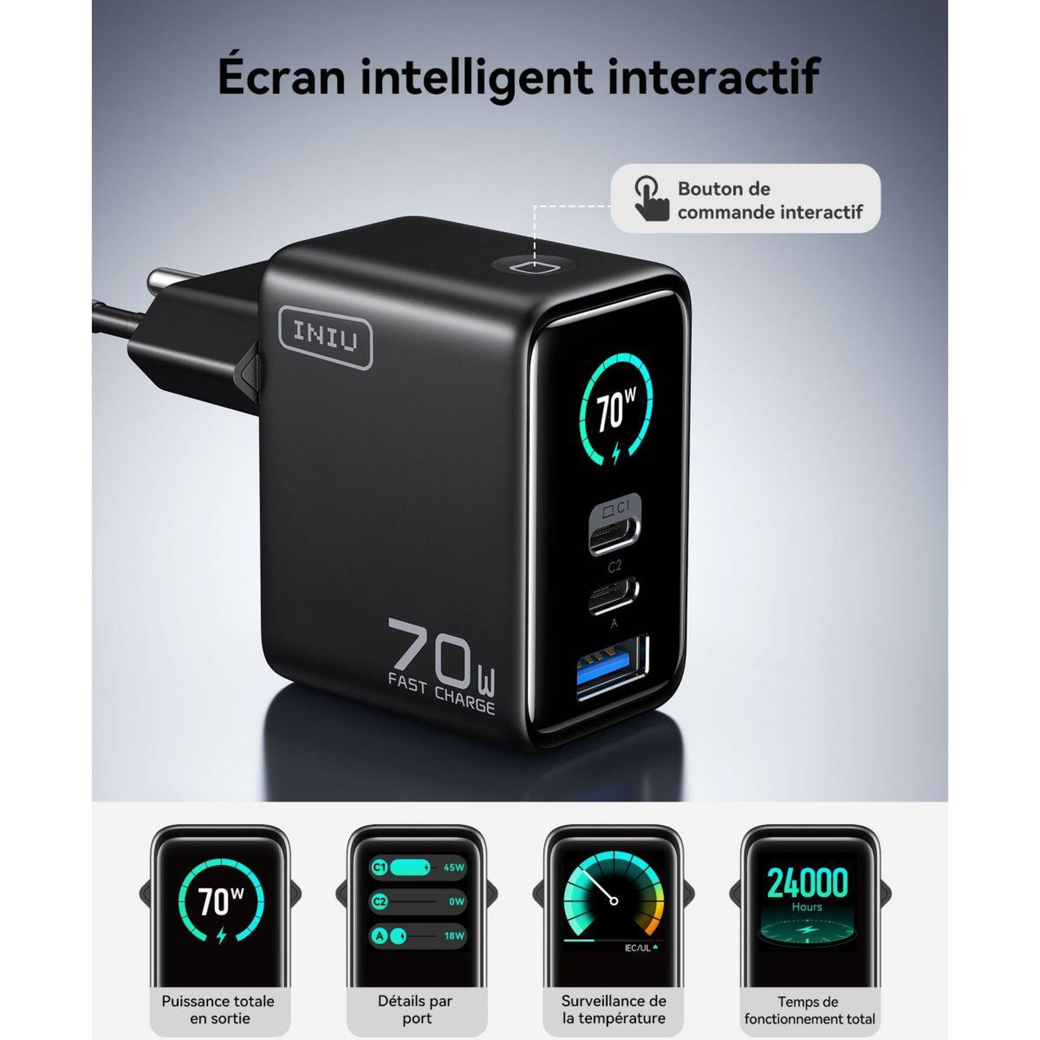 Voir la diapositive 2 : INIU Chargeur 70w leopard 2 usb-c + usb-a noir