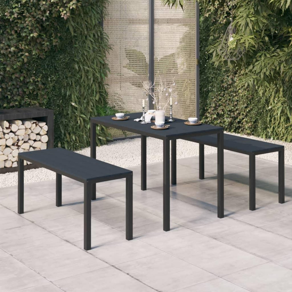 VIDAXL Ensemble a manger de jardin 3 pcs acier et WPC noir