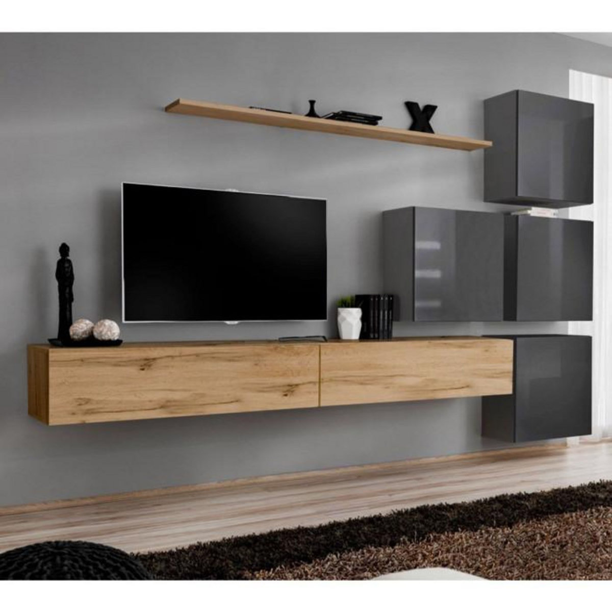 Paris Prix Meuble TV Mural Design  Switch IX  310cm Naturel & Gris