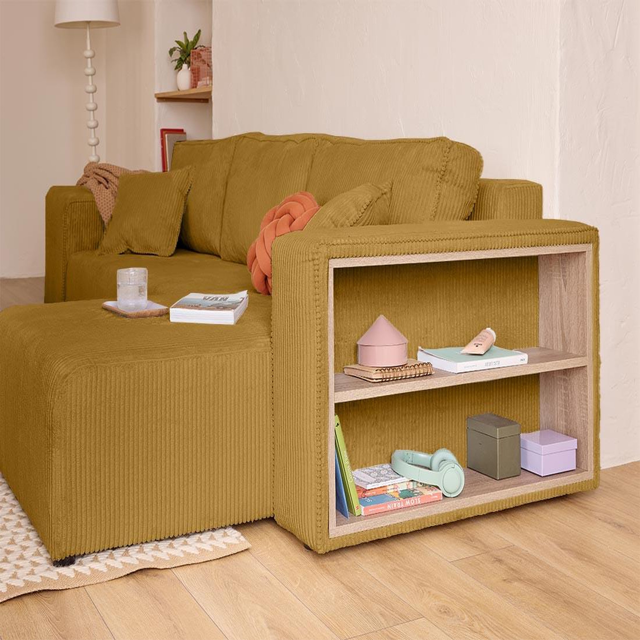 Voir la diapositive 4 : BEST MOBILIER Topaze - canapé d'angle réversible 4 places - convertible avec coffre, tablette et poufs - en velours côtelé