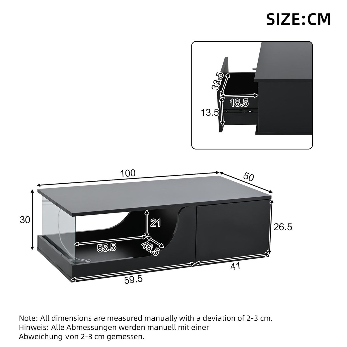 MERAX Table basse rectangulaire noir avec 2 tiroirs - 50x100 cm led mdf