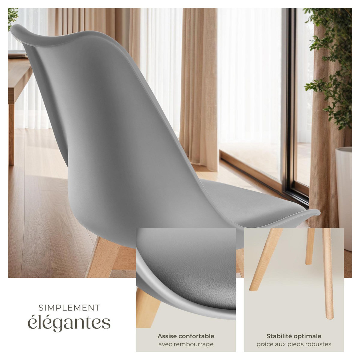 tectake Ensemble de chaises de salle à manger avec siège rembourré gris Lot de 4