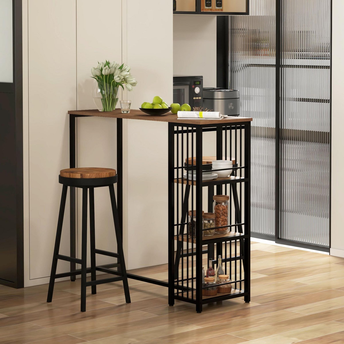 HOMCOM Table de bar 3 étagères style industriel acier noir aspect panneaux aspect bois