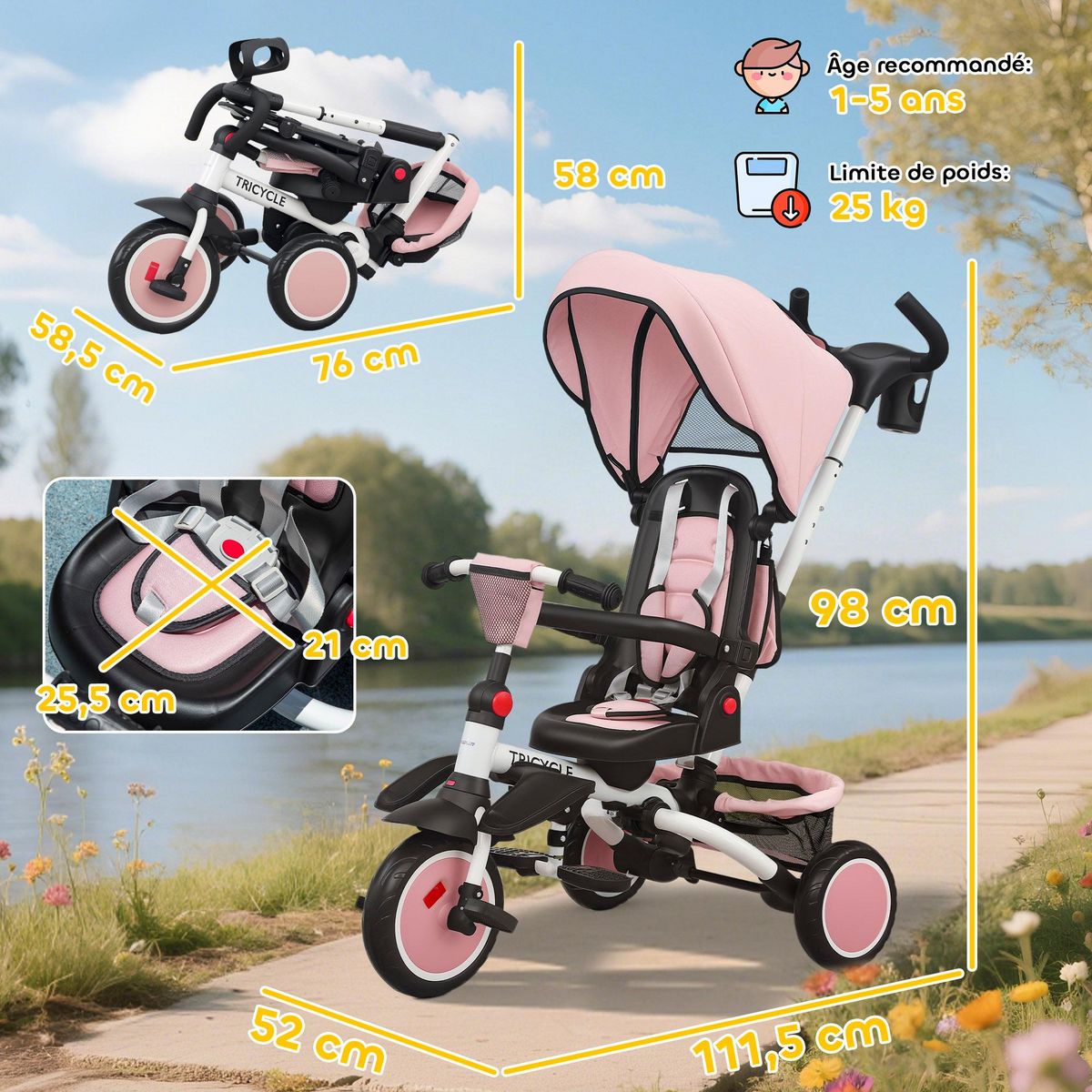 HOMCOM Tricycle évolutif pliable réglable 6 en 1 rose